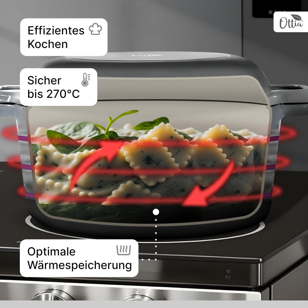 Emaillierter Gusseisen Topf, 26 cm, Deckel als Pfanne, ofenfest
