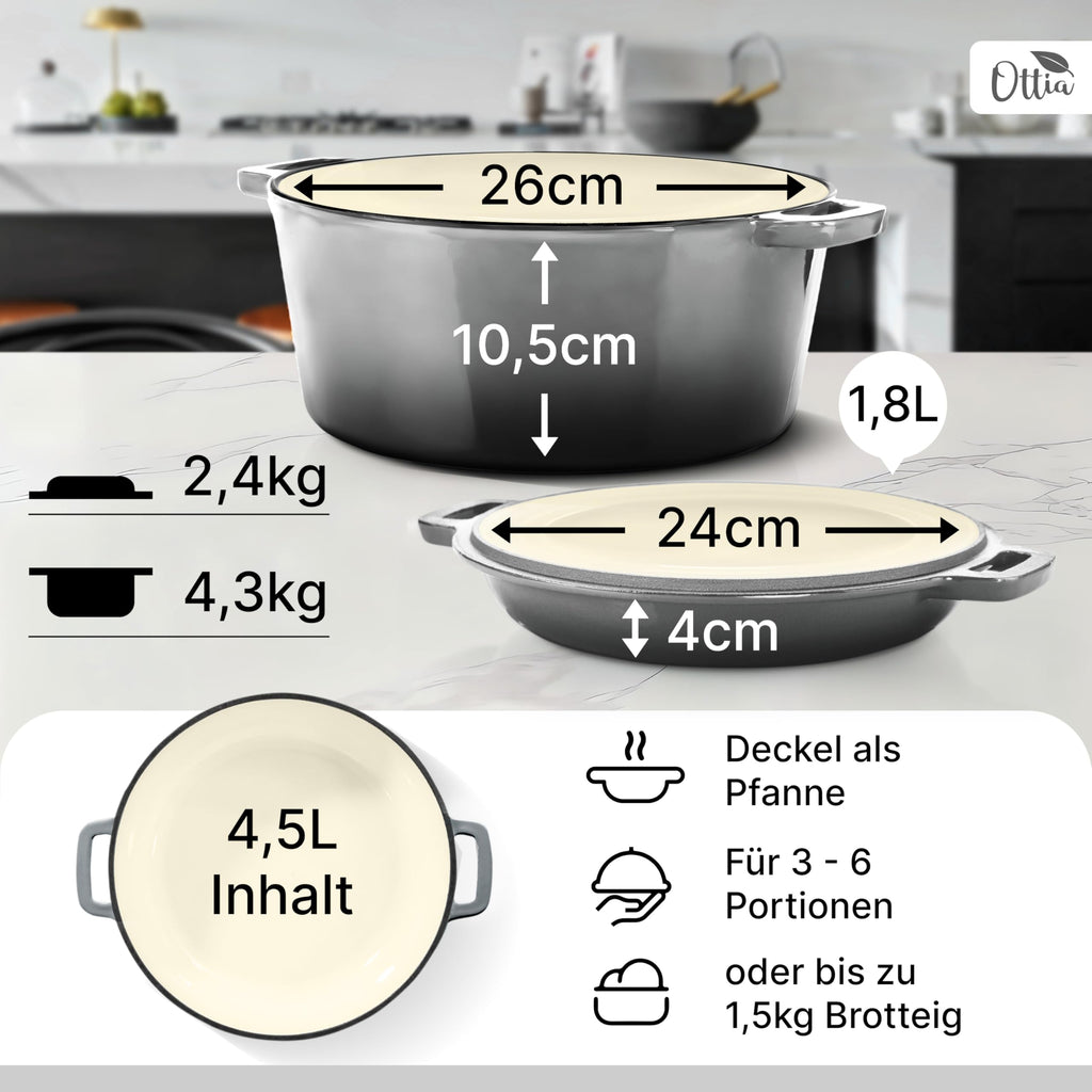 Emaillierter Gusseisen Topf, 26 cm, Deckel als Pfanne, ofenfest