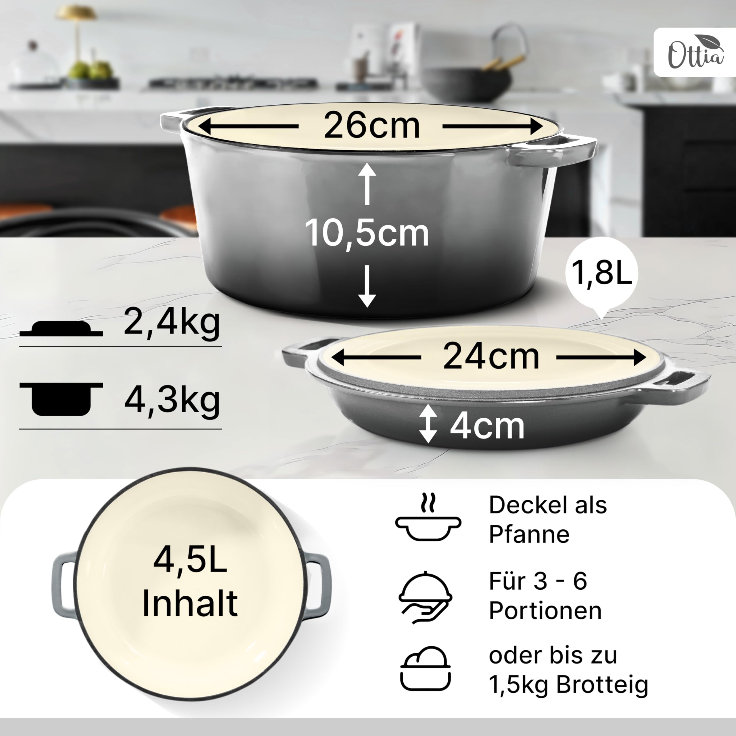 Emaillierter Gusseisen Topf, 26 cm, Deckel als Pfanne, ofenfest