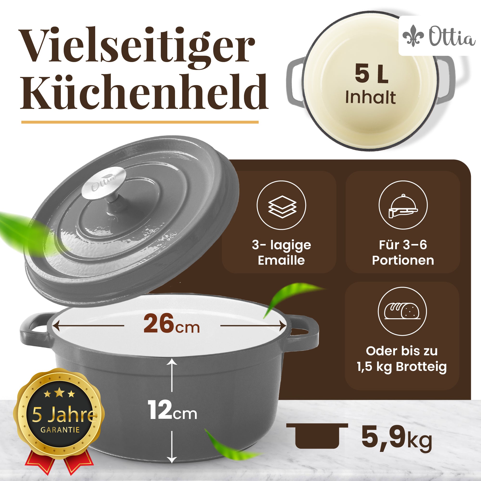 Gusseisen Topf, 26 cm, 5 Liter, mit Gärkorb. Ofenfest, Deckel mit Knauf und Aromanoppen