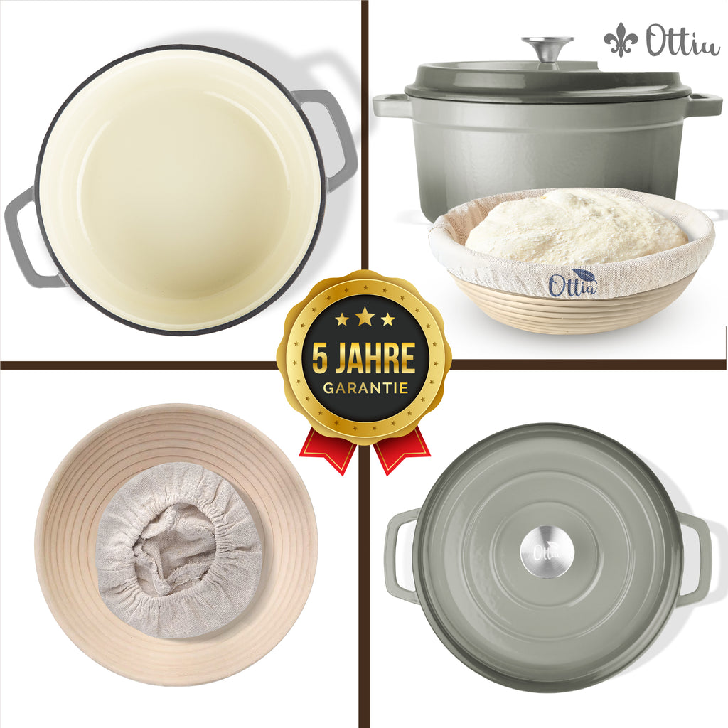 Gusseisen Topf, 26 cm, 5 Liter, mit Gärkorb. Ofenfest, Deckel mit Knauf und Aromanoppen