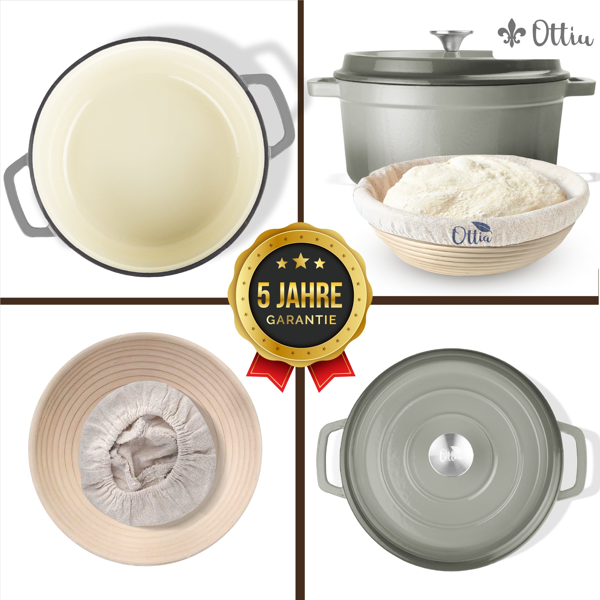 Gusseisen Topf, 26 cm, 5 Liter, mit Gärkorb. Ofenfest, Deckel mit Knauf und Aromanoppen