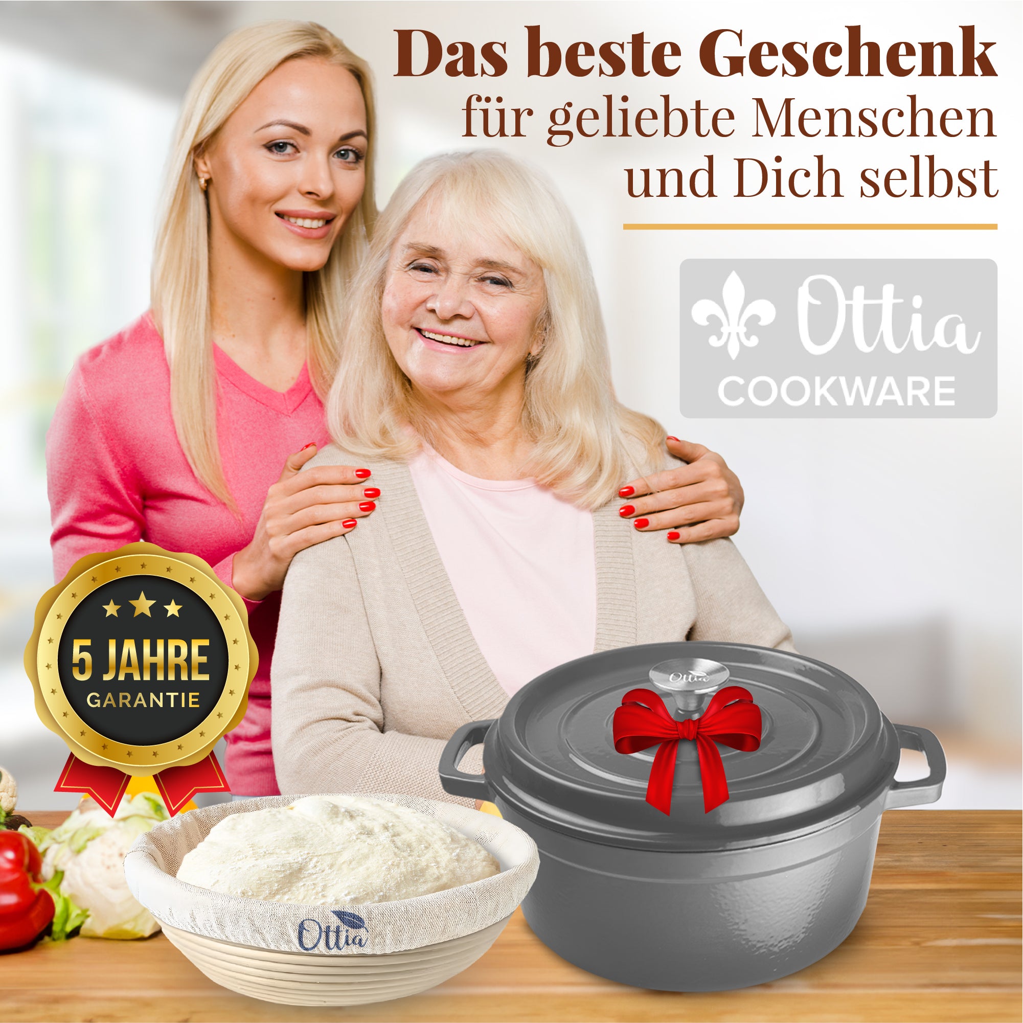 Gusseisen Topf, 26 cm, 5 Liter, mit Gärkorb. Ofenfest, Deckel mit Knauf und Aromanoppen