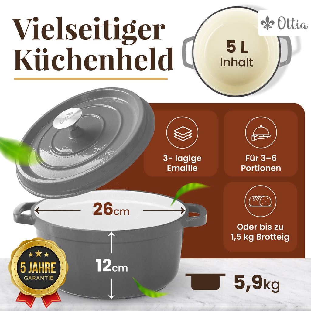 Emaillierter Gusseisen Topf, 26 cm, 5 Liter, ofenfest, Deckel mit Knauf