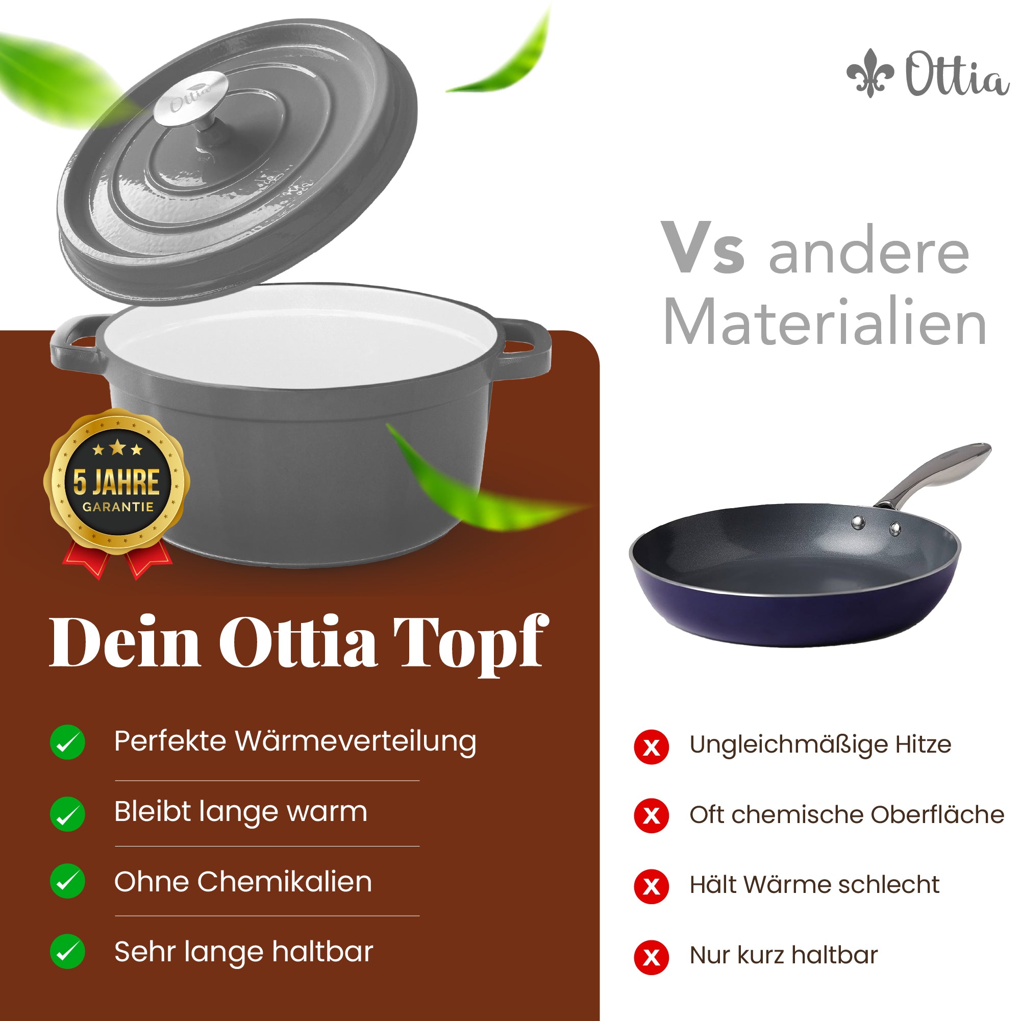 Emaillierter Gusseisen Topf, 26 cm, 5 Liter, ofenfest, Deckel mit Knauf