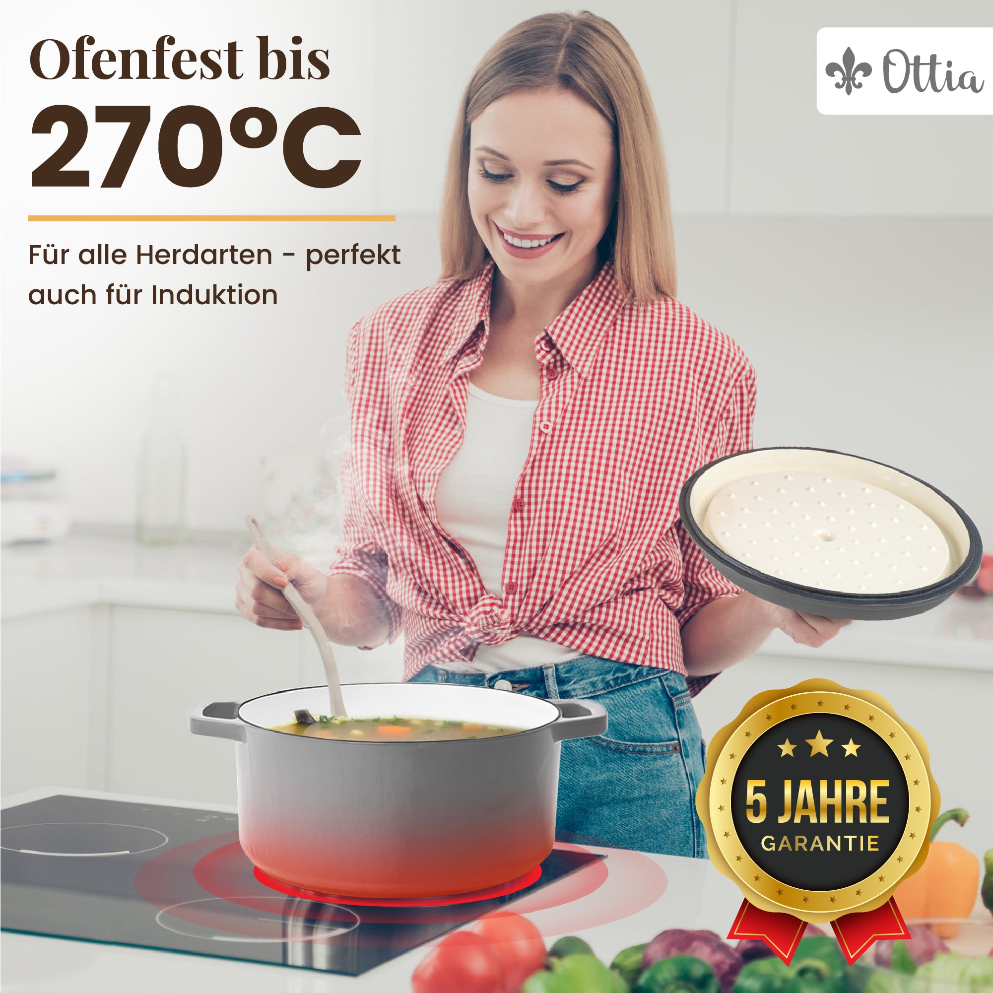 Emaillierter Gusseisen Topf, 26 cm, 5 Liter, ofenfest, Deckel mit Knauf