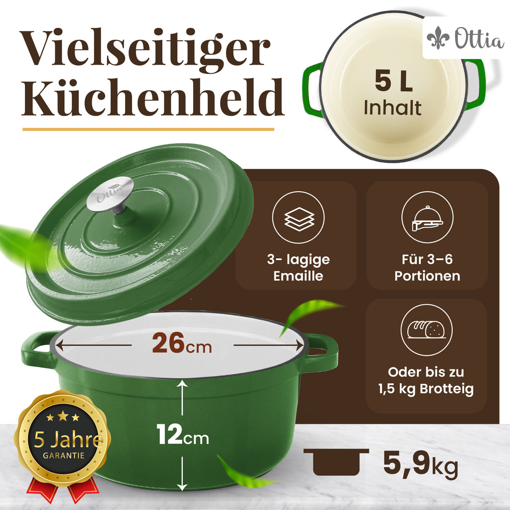 Gusseisen Topf, 26 cm, 5 Liter, mit Gärkorb. Ofenfest, Deckel mit Knauf und Aromanoppen