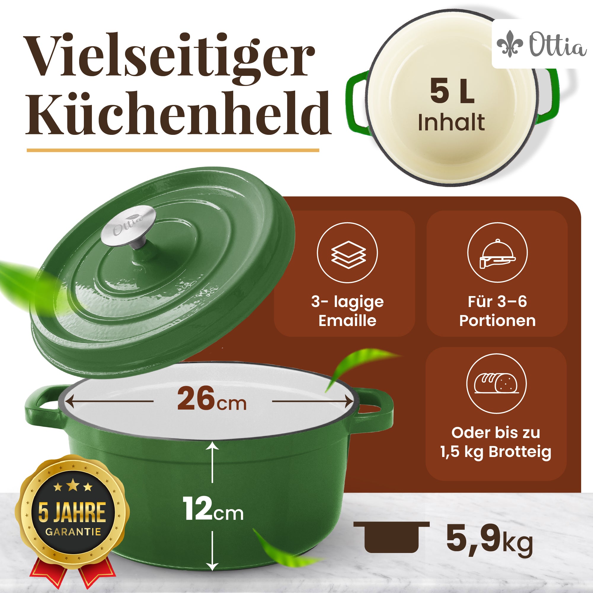 Emaillierter Gusseisen Topf, 26 cm, 5 Liter, ofenfest, Deckel mit Knauf