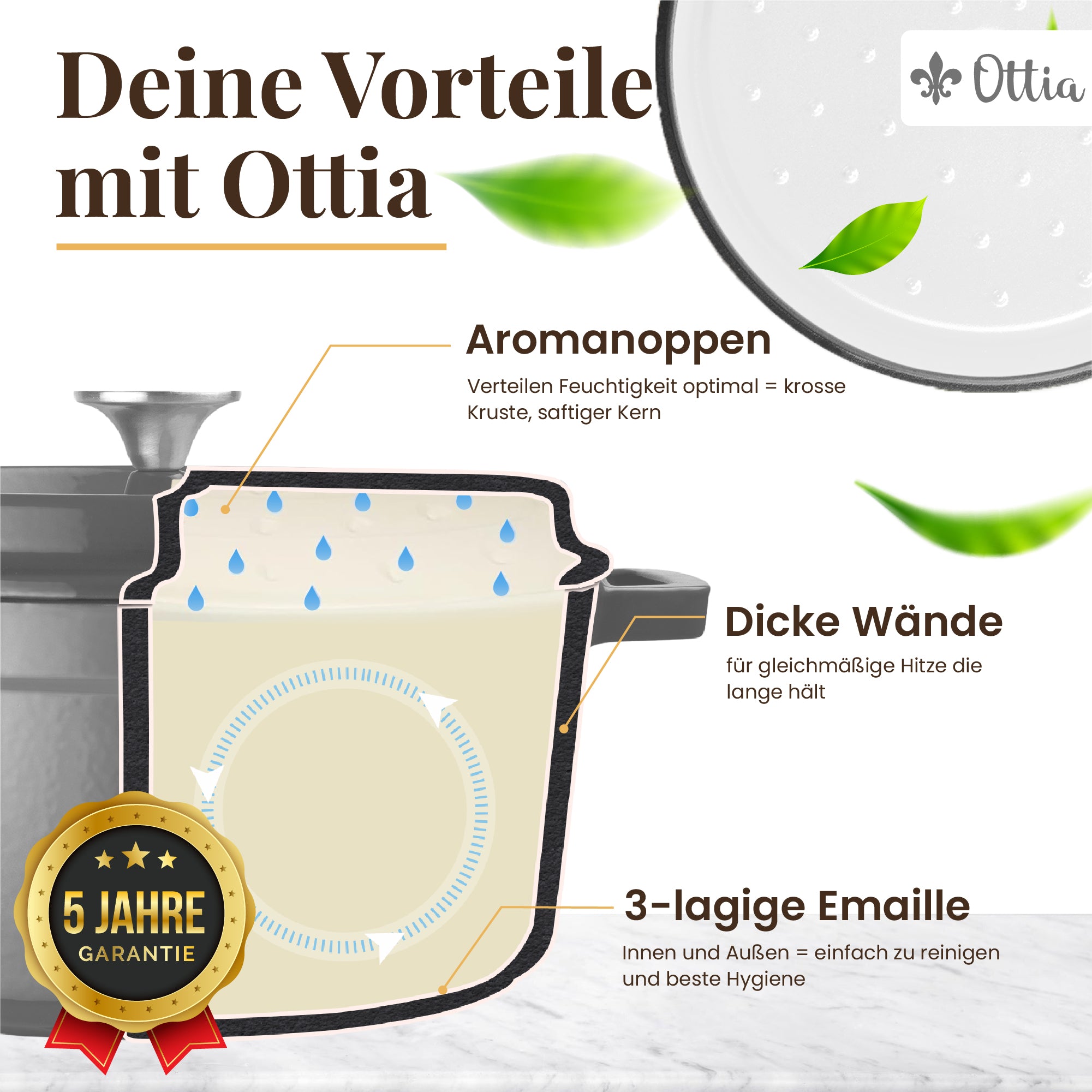 Emaillierter Gusseisen Topf, 22 cm, 3 Liter, ofenfest, Deckel mit Knauf