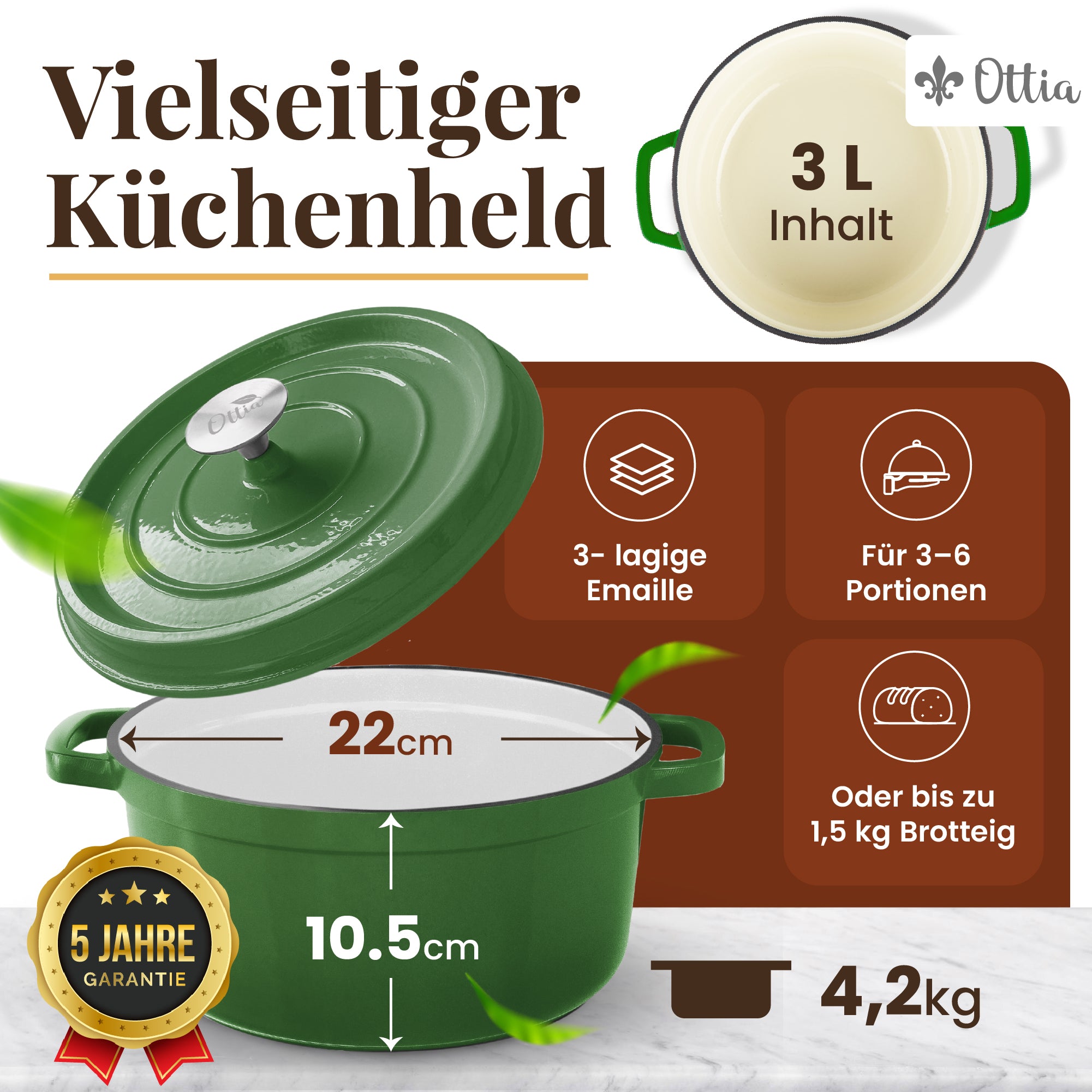 Ottia Gusseisen Topf, 22 cm, 3 Liter, Premium Emaille, Schmortopf Bräter mit Deckel, Gusseisentopf, Dutch Oven, Brotbackform, Brotbacktopf, alle Herdarten (auch Induktion), ofenfest, Händler aus HH