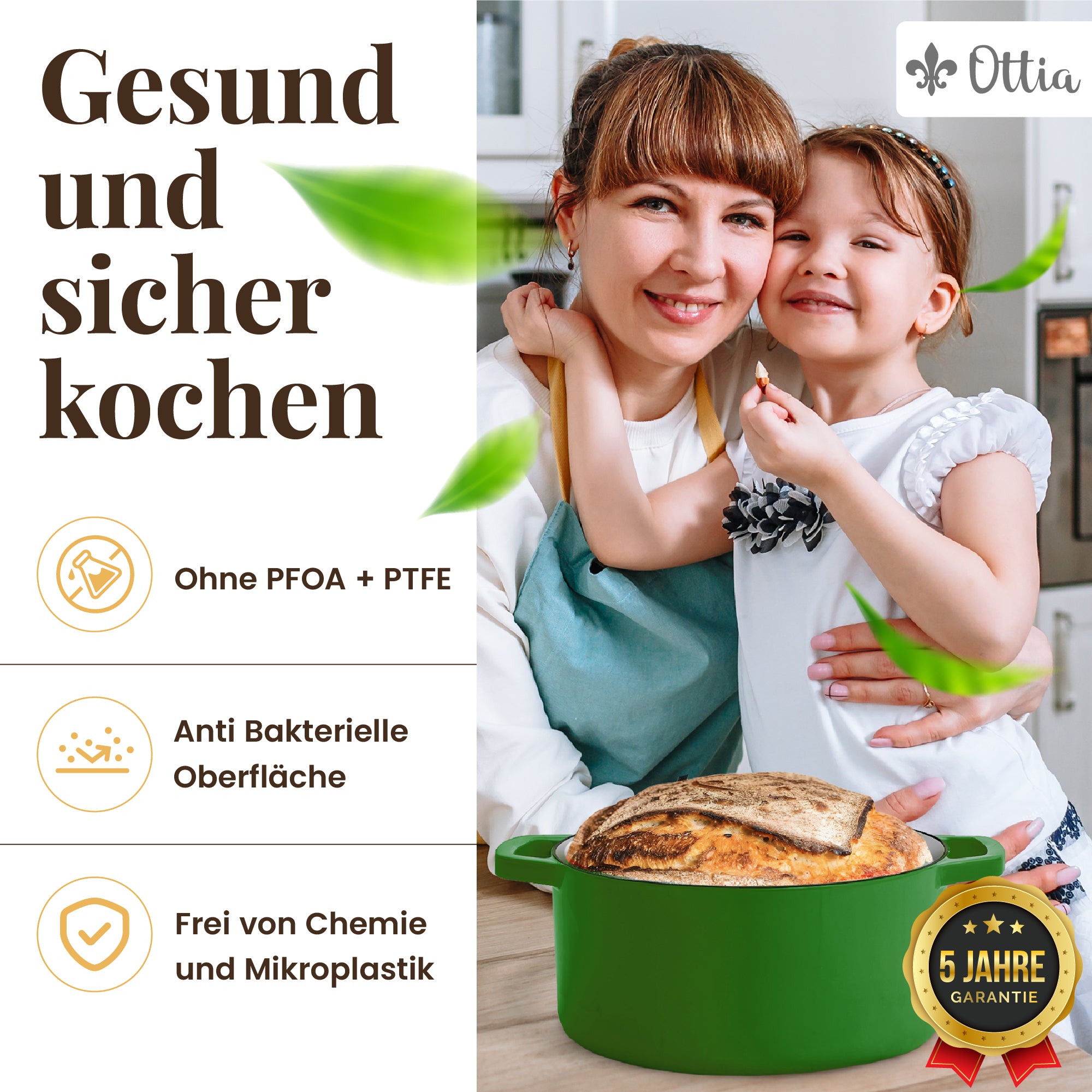 Ottia Gusseisen Topf, 22 cm, 3 Liter, Premium Emaille, Schmortopf Bräter mit Deckel, Gusseisentopf, Dutch Oven, Brotbackform, Brotbacktopf, alle Herdarten (auch Induktion), ofenfest, Händler aus HH
