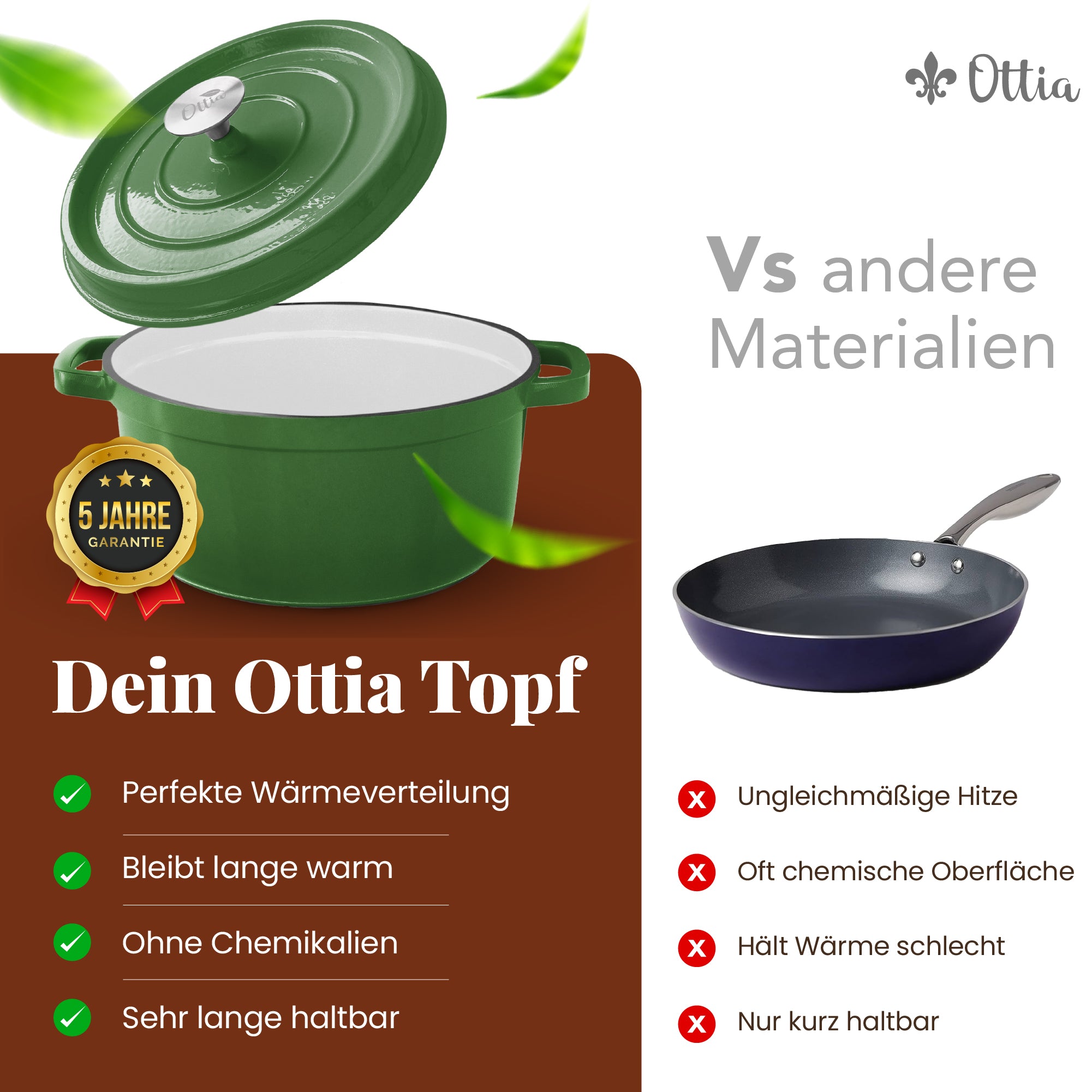 Ottia Gusseisen Topf, 22 cm, 3 Liter, Premium Emaille, Schmortopf Bräter mit Deckel, Gusseisentopf, Dutch Oven, Brotbackform, Brotbacktopf, alle Herdarten (auch Induktion), ofenfest, Händler aus HH