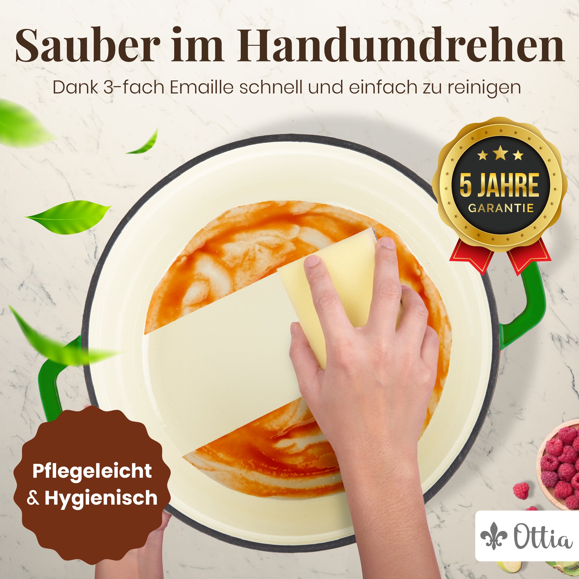 Ottia Gusseisen Topf, 22 cm, 3 Liter, Premium Emaille, Schmortopf Bräter mit Deckel, Gusseisentopf, Dutch Oven, Brotbackform, Brotbacktopf, alle Herdarten (auch Induktion), ofenfest, Händler aus HH