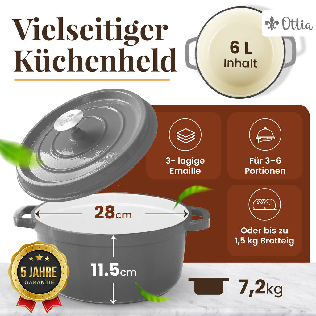 Emaillierter Gusseisen Topf, 28 cm, 6 Liter, ofenfest, Deckel mit Knauf