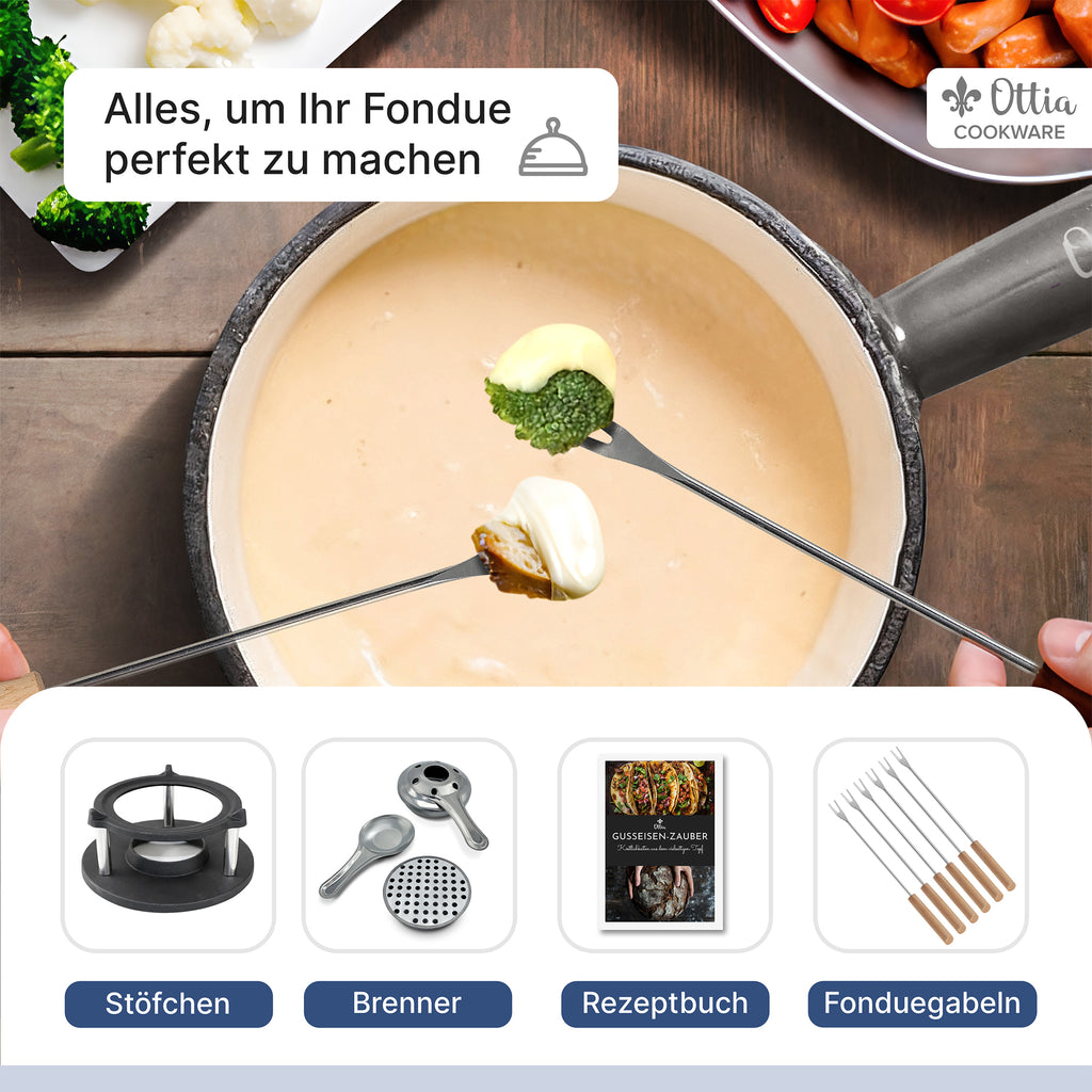 Gusseisen Fondue Set für 2-6 Personen, 3-lagige Emaille, Schadstofffrei, 10-teilig