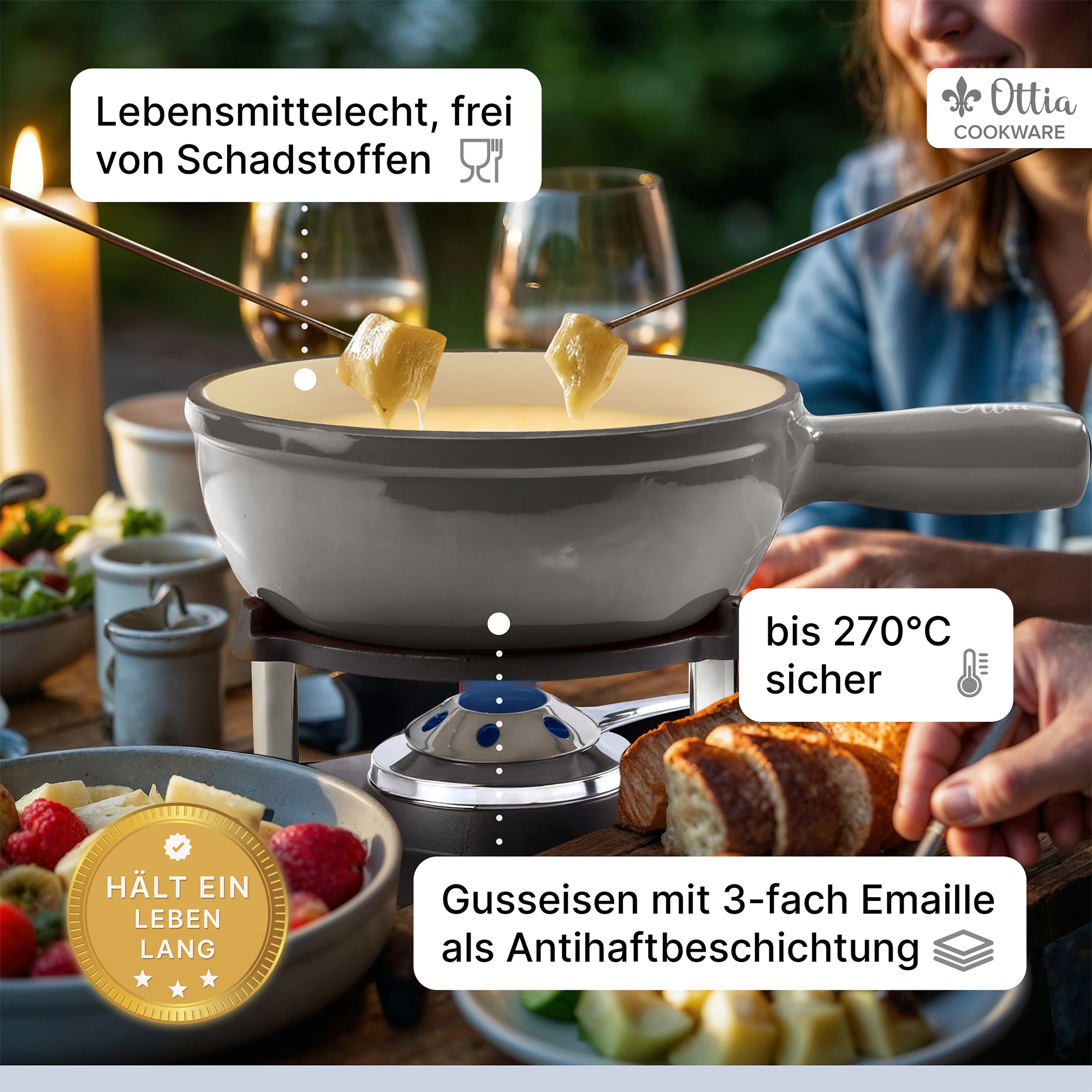 Gusseisen Fondue Set für 2-6 Personen, 3-lagige Emaille, Schadstofffrei, 10-teilig