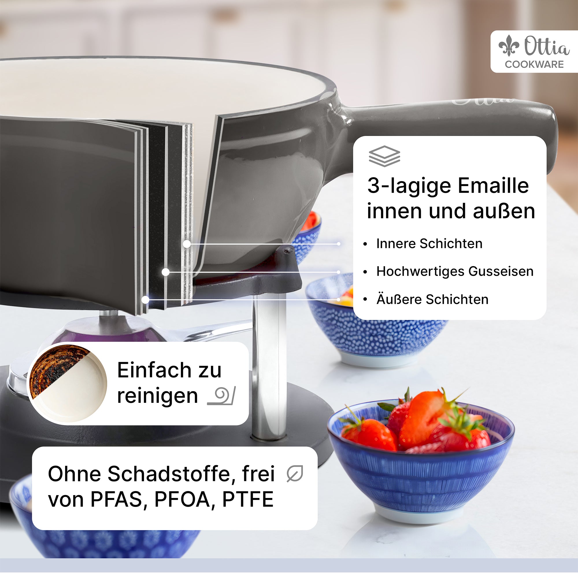 Gusseisen Fondue Set für 2-6 Personen, 3-lagige Emaille, Schadstofffrei, 10-teilig