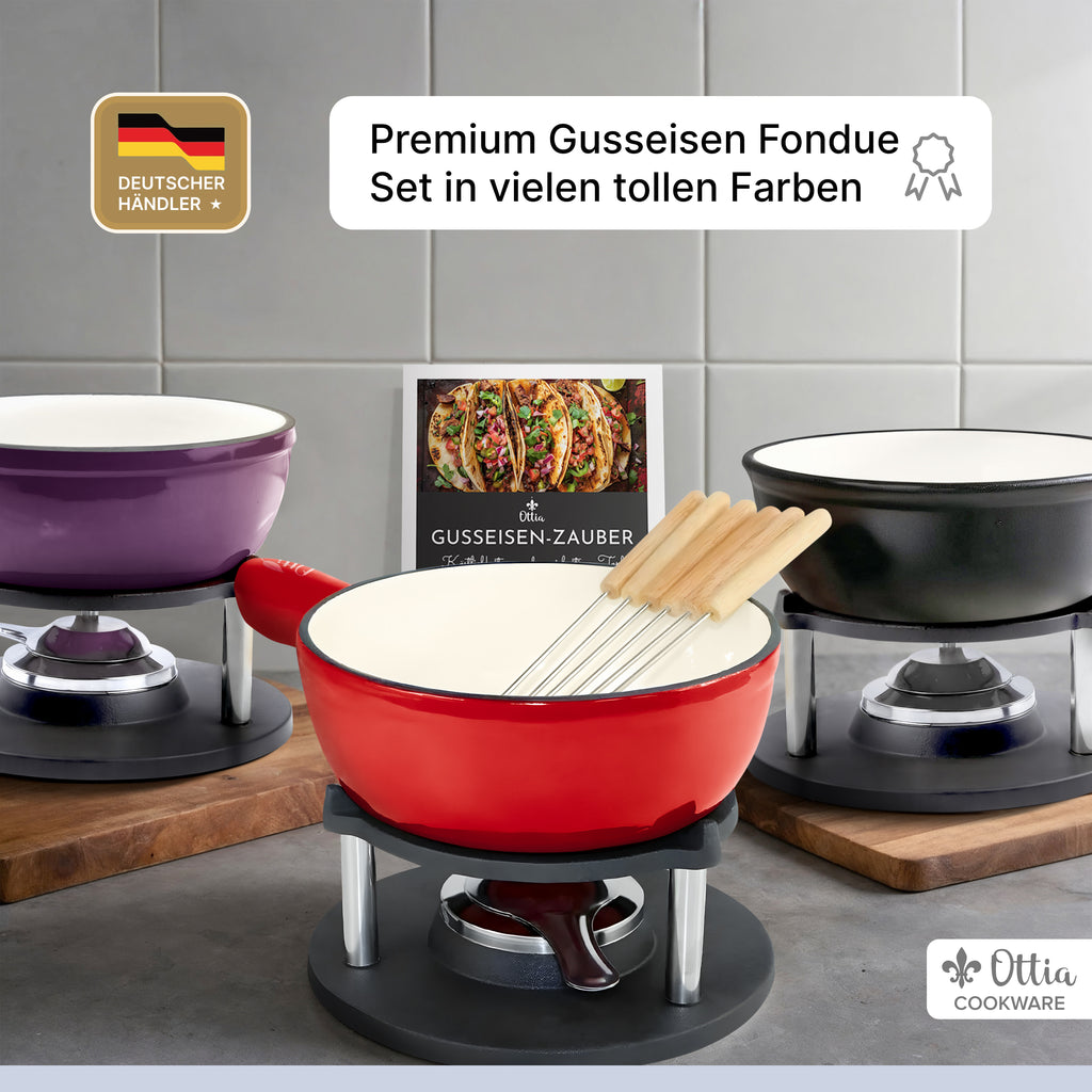 Gusseisen Fondue Set für 2-6 Personen, 3-lagige Emaille, Schadstofffrei, 10-teilig