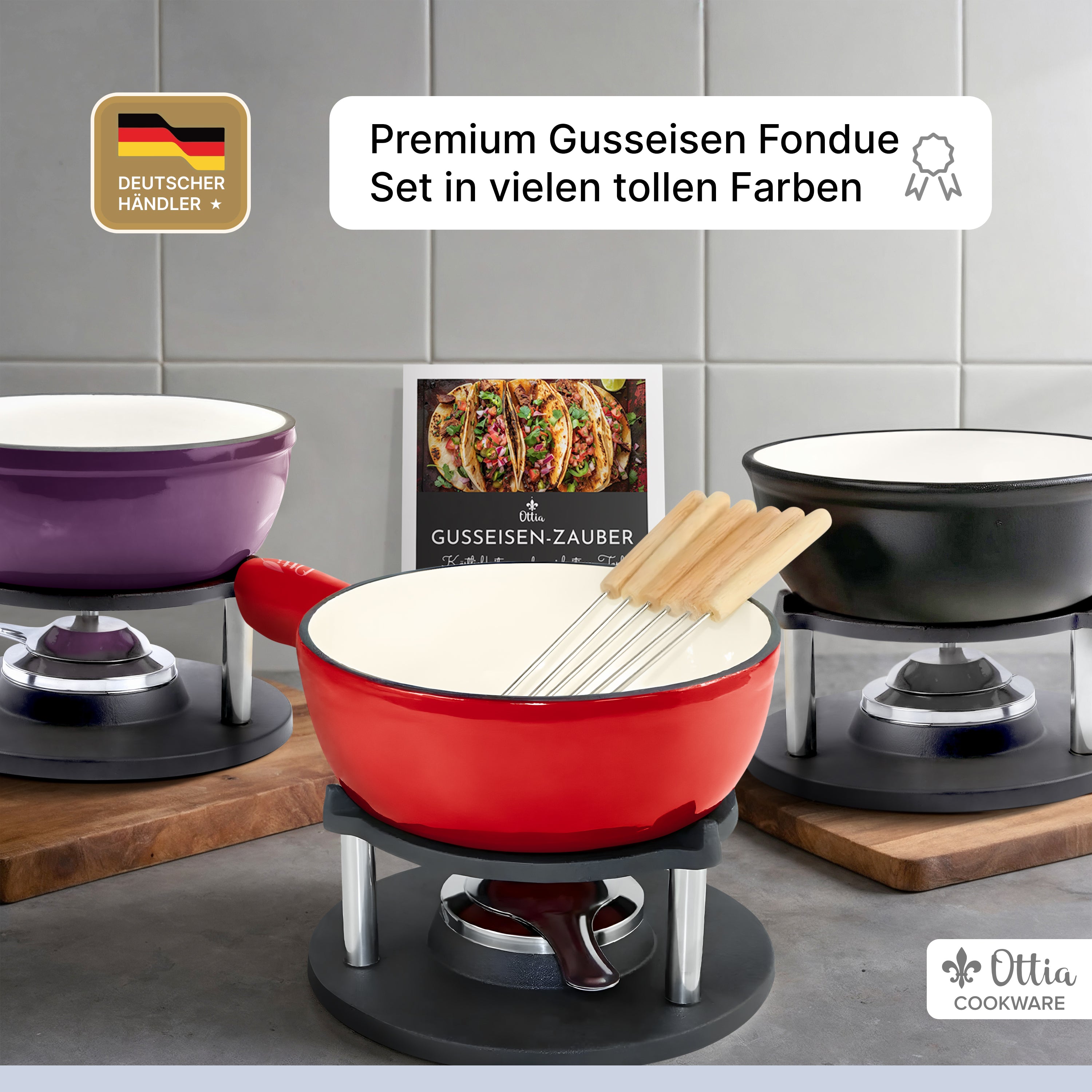 Gusseisen Fondue Set für 2-6 Personen, 3-lagige Emaille, Schadstofffrei, 10-teilig