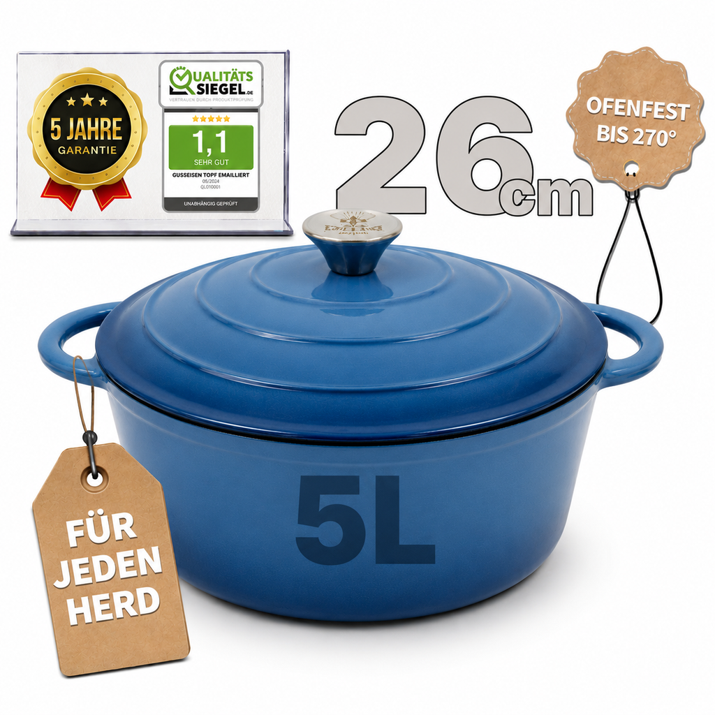 Gusseisen Topf, 26 cm, 5 Liter, mit e-Rezeptbuch. Ofenfest, Deckel mit Knauf und Aromanoppen (Kopie) (Kopie) (Kopie) (Kopie)
