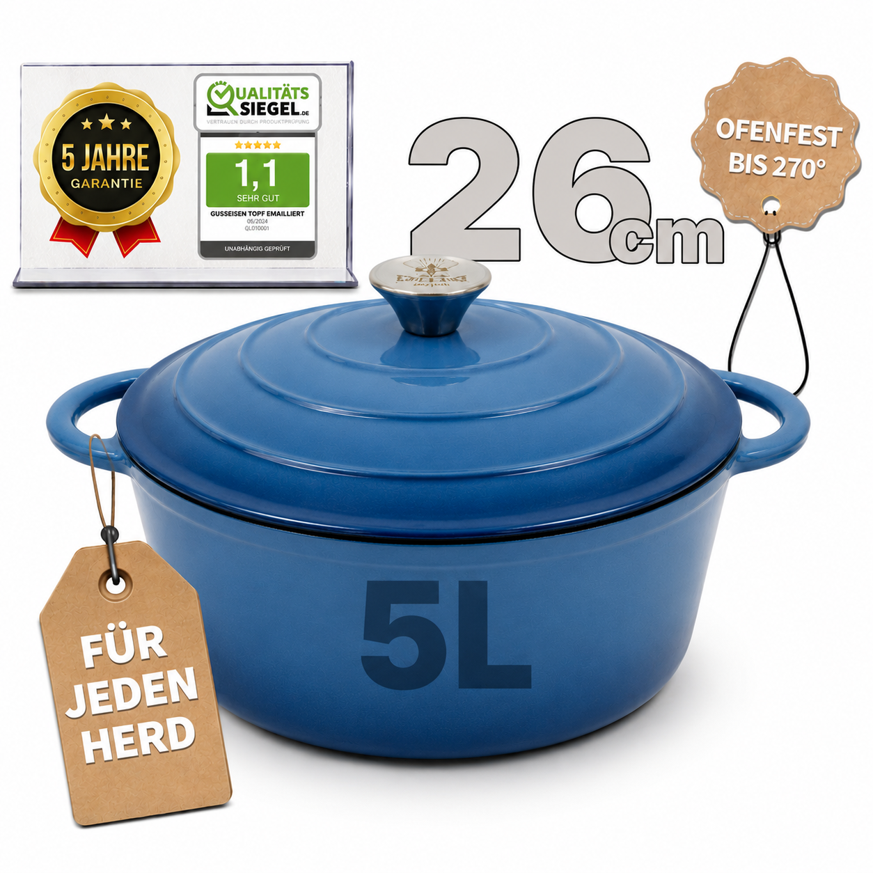 Gusseisen Topf, 26 cm, 5 Liter, mit e-Rezeptbuch. Ofenfest, Deckel mit Knauf und Aromanoppen (Kopie) (Kopie) (Kopie) (Kopie)