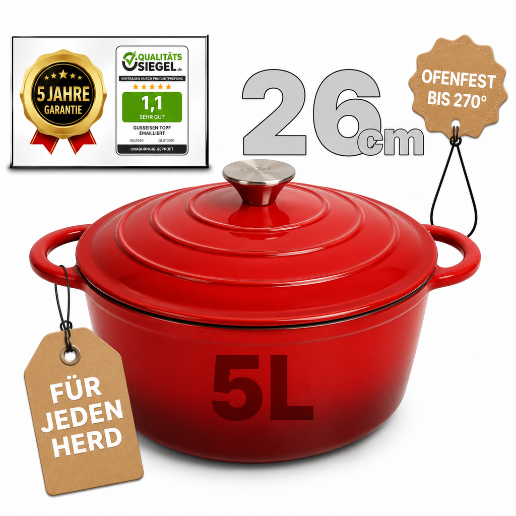 Gusseisen Topf, 26 cm, 5 Liter, mit e-Rezeptbuch. Ofenfest, Deckel mit Knauf und Aromanoppen (Kopie) (Kopie) (Kopie) (Kopie) (Kopie)