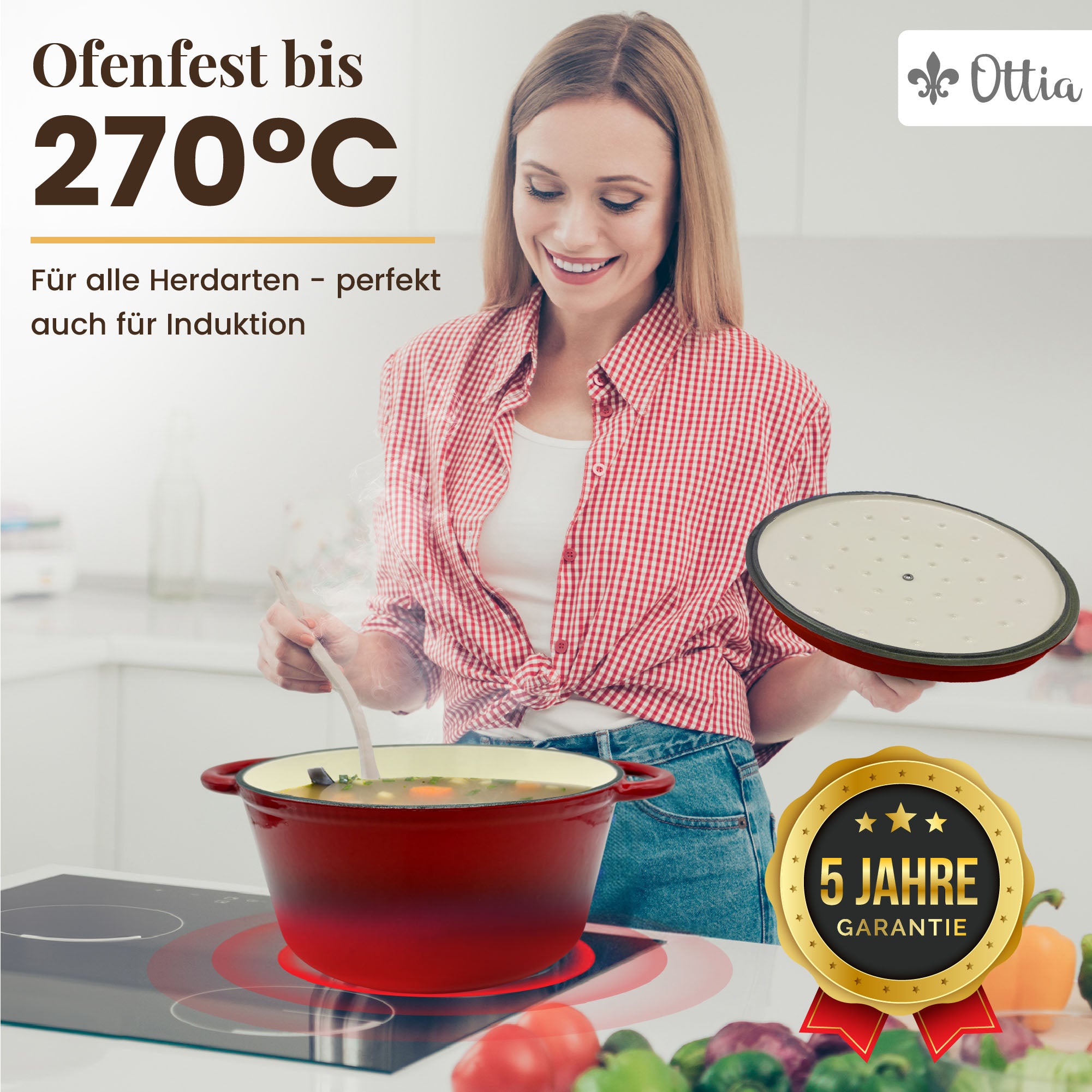 Gusseisen Topf, 26 cm, 5 Liter, mit e-Rezeptbuch. Ofenfest, Deckel mit Knauf und Aromanoppen (Kopie) (Kopie) (Kopie) (Kopie) (Kopie)