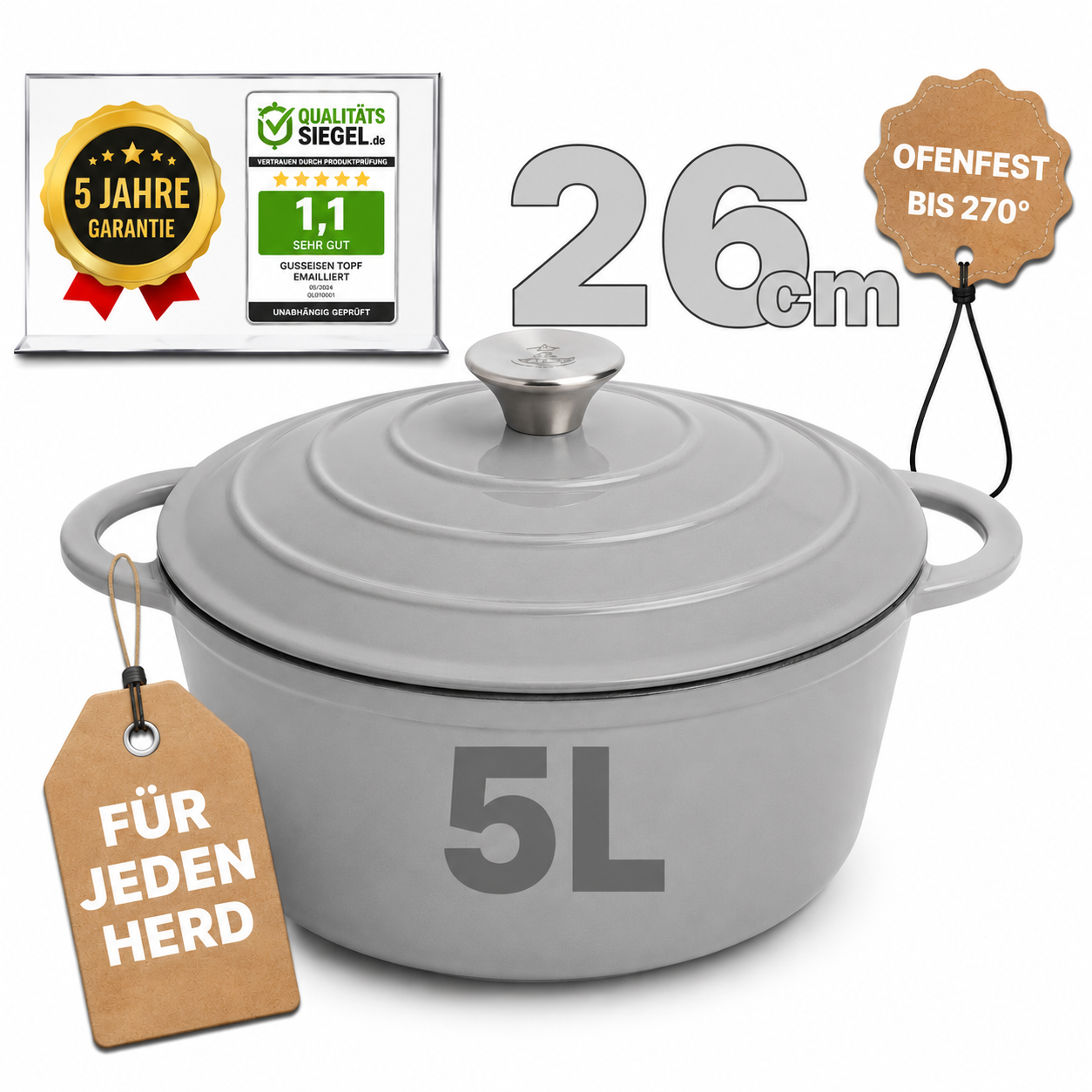 Gusseisen Topf, 26 cm, 5 Liter, mit e-Rezeptbuch. Ofenfest, Deckel mit Knauf und Aromanoppen (Kopie) (Kopie) (Kopie)