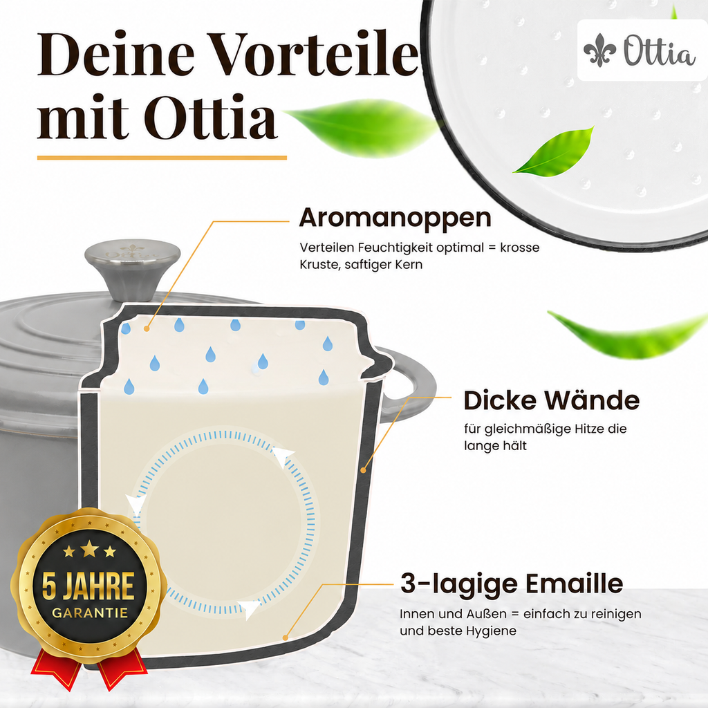 Gusseisen Topf, 26 cm, 5 Liter, mit e-Rezeptbuch. Ofenfest, Deckel mit Knauf und Aromanoppen (Kopie) (Kopie) (Kopie)