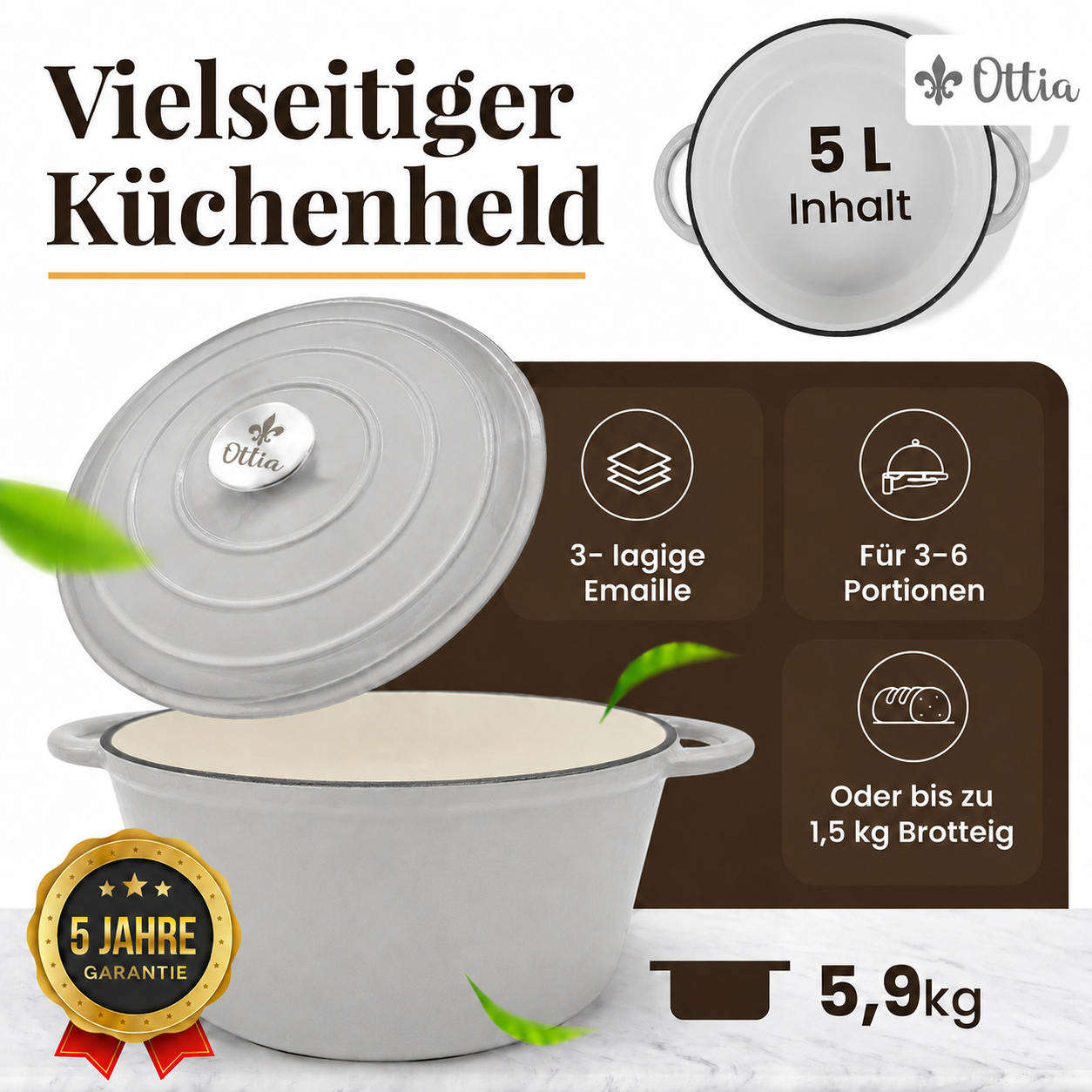 Gusseisen Topf, 26 cm, 5 Liter, mit e-Rezeptbuch. Ofenfest, Deckel mit Knauf und Aromanoppen (Kopie) (Kopie) (Kopie)