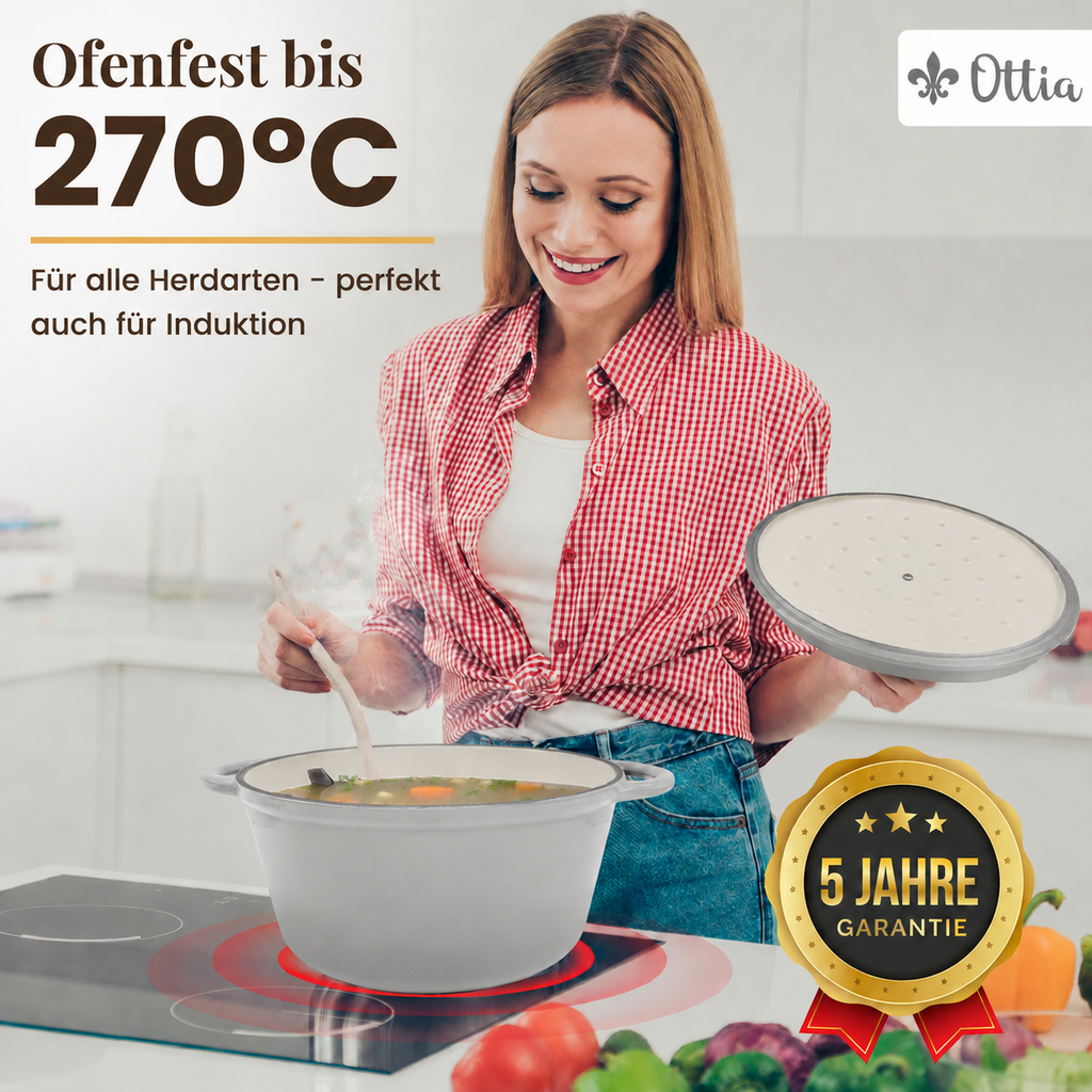 Gusseisen Topf, 26 cm, 5 Liter, mit e-Rezeptbuch. Ofenfest, Deckel mit Knauf und Aromanoppen (Kopie) (Kopie) (Kopie)