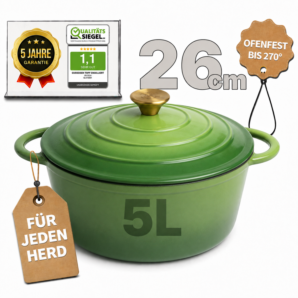 Gusseisen Topf, 26 cm, 5 Liter, mit e-Rezeptbuch. Ofenfest, Deckel mit Knauf und Aromanoppen (Kopie) (Kopie)