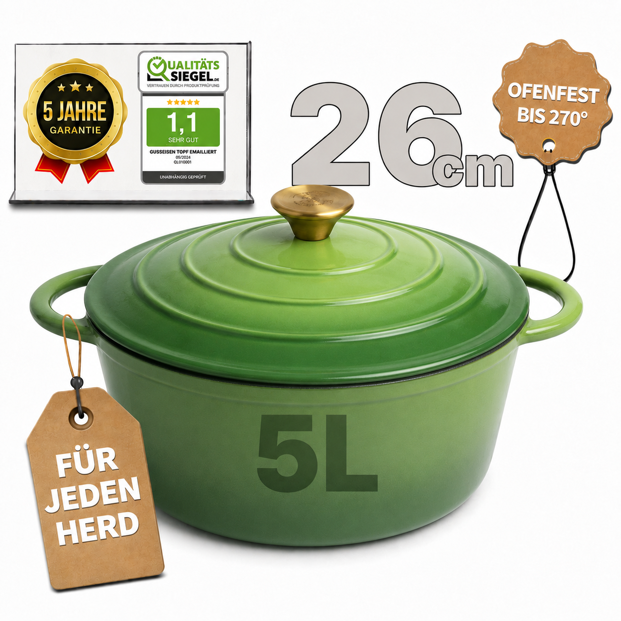 Gusseisen Topf, 26 cm, 5 Liter, mit e-Rezeptbuch. Ofenfest, Deckel mit Knauf und Aromanoppen (Kopie) (Kopie)