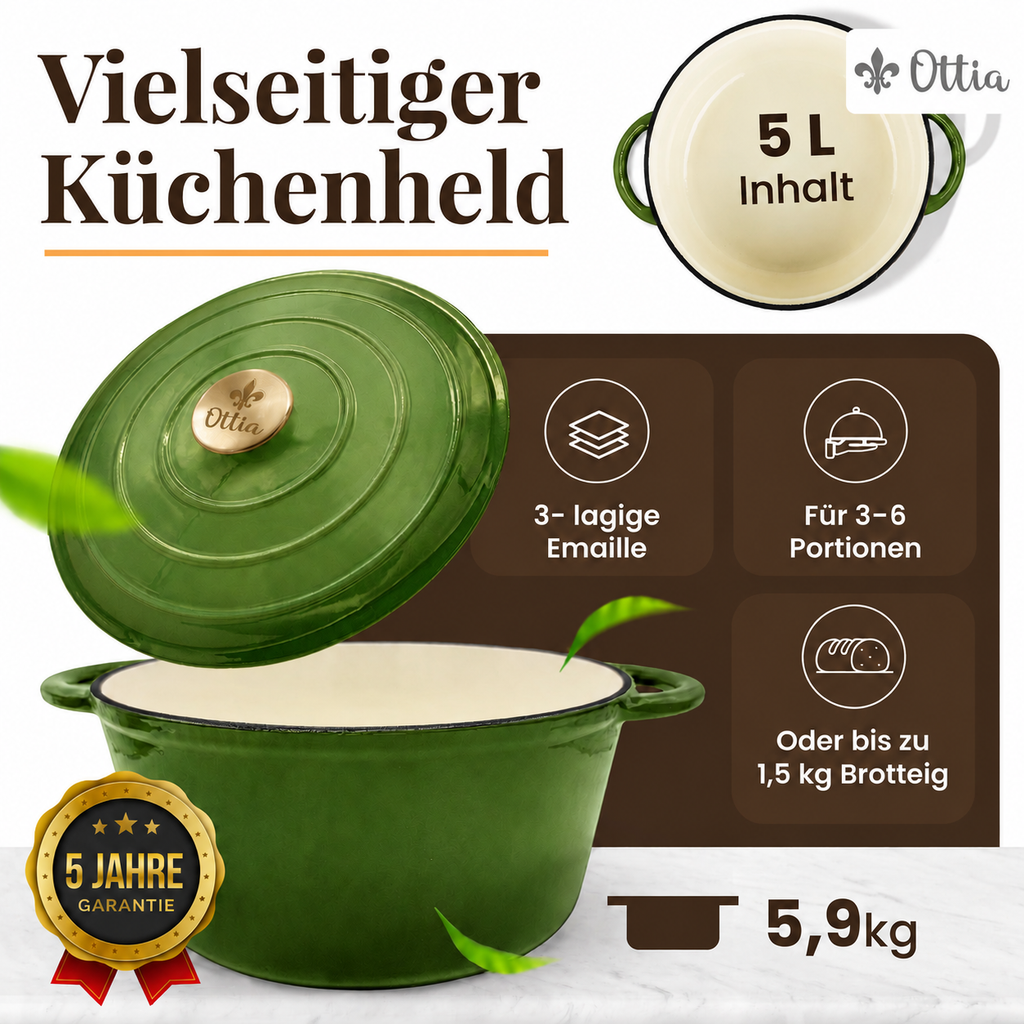 Gusseisen Topf, 26 cm, 5 Liter, mit e-Rezeptbuch. Ofenfest, Deckel mit Knauf und Aromanoppen (Kopie) (Kopie)