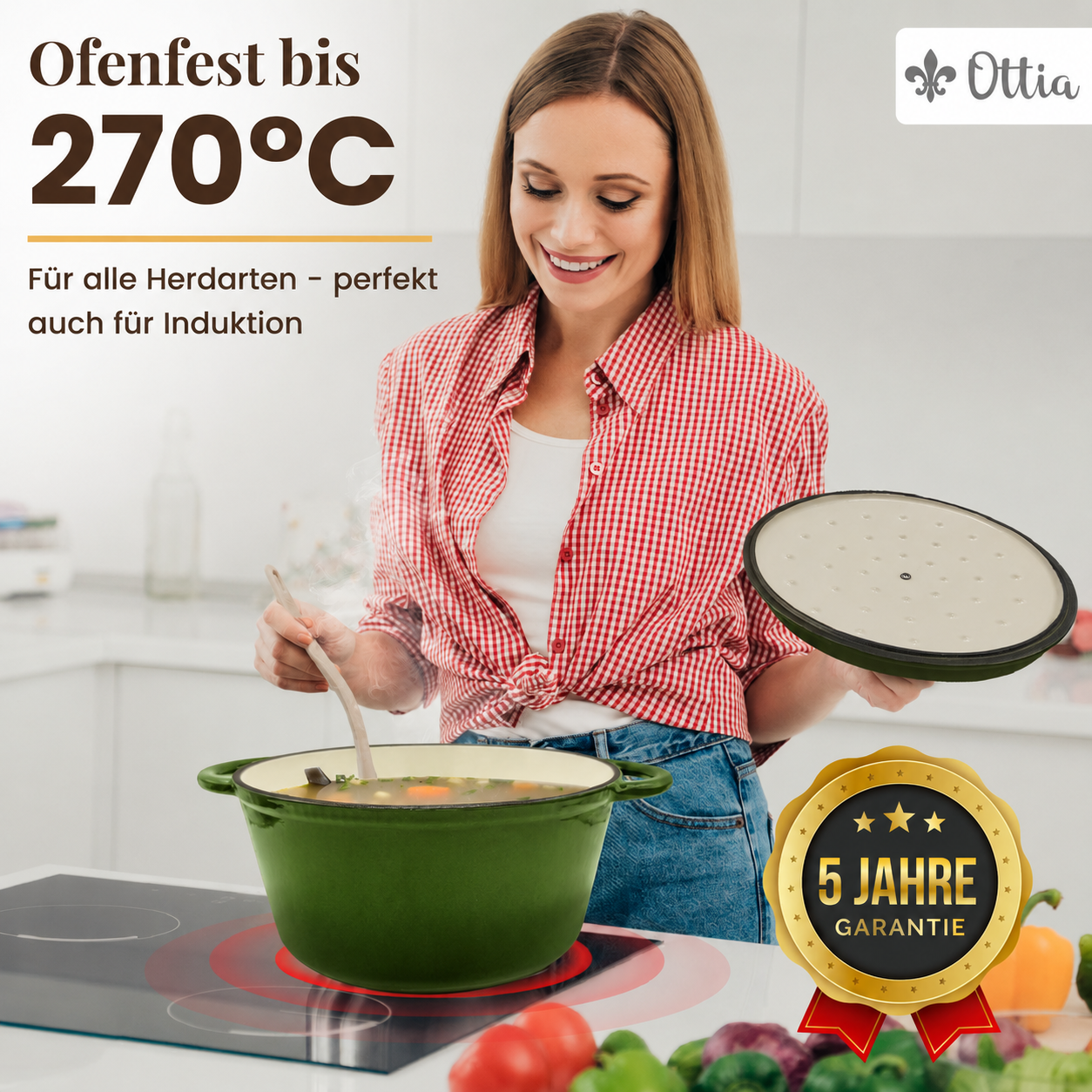 Gusseisen Topf, 26 cm, 5 Liter, mit e-Rezeptbuch. Ofenfest, Deckel mit Knauf und Aromanoppen (Kopie) (Kopie)