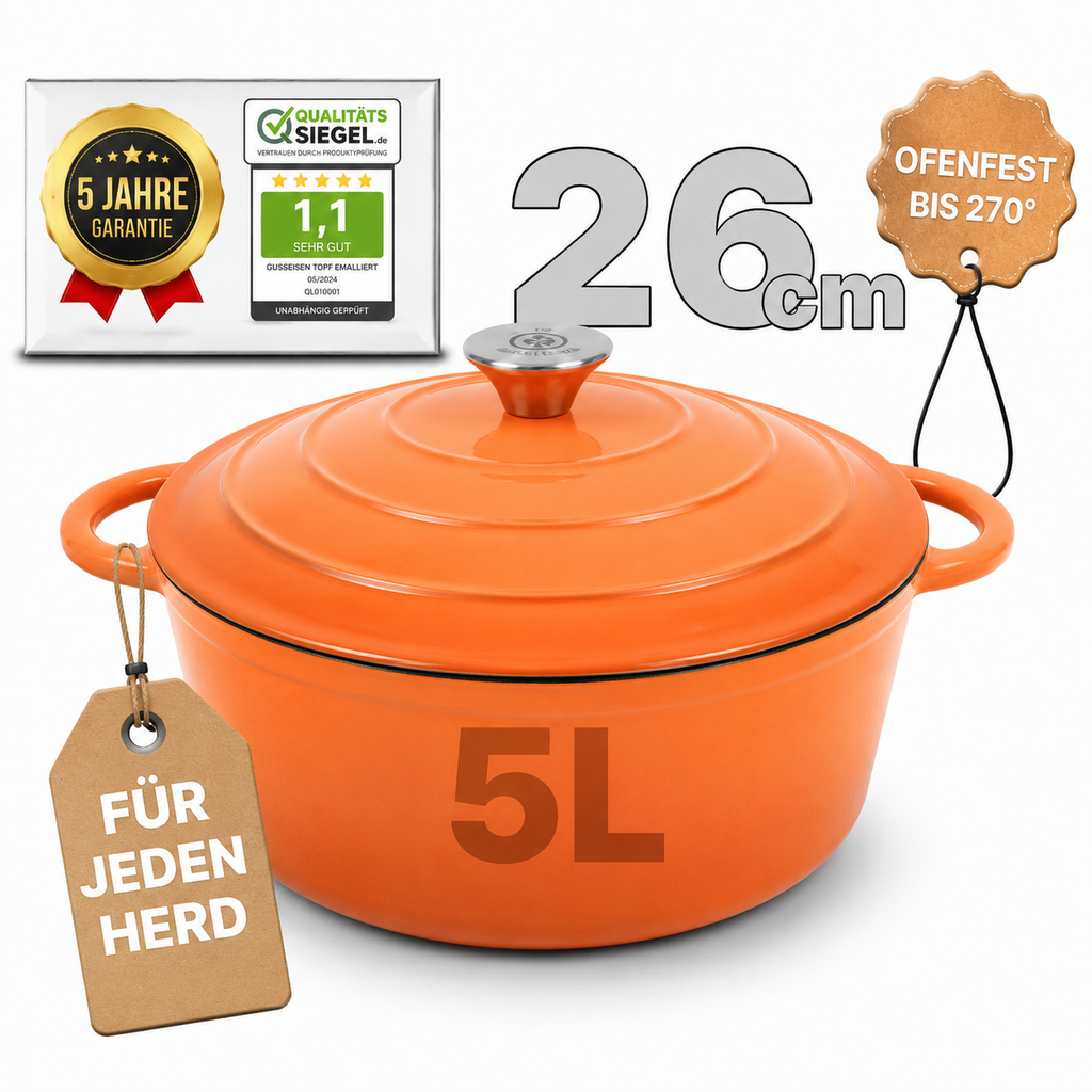 Gusseisen Topf, 26 cm, 5 Liter, mit e-Rezeptbuch. Ofenfest, Deckel mit Knauf und Aromanoppen (Kopie)