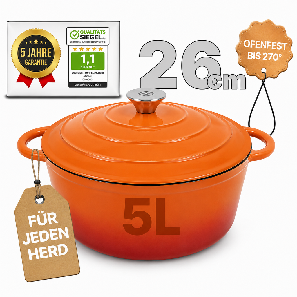 Gusseisen Topf, 26 cm, 5 Liter, mit e-Rezeptbuch. Ofenfest, Deckel mit Knauf und Aromanoppen (Kopie)