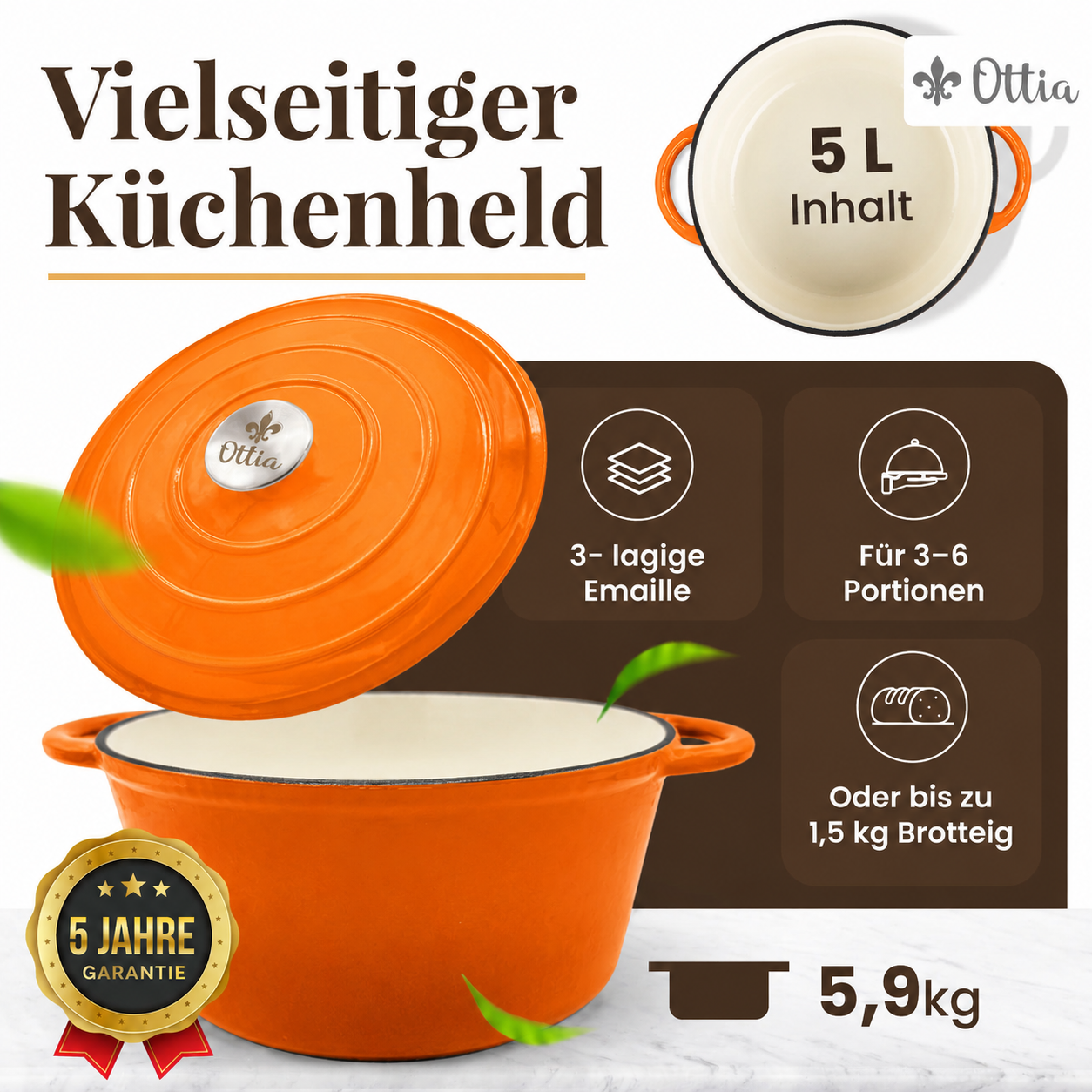 Gusseisen Topf, 26 cm, 5 Liter, mit e-Rezeptbuch. Ofenfest, Deckel mit Knauf und Aromanoppen (Kopie)