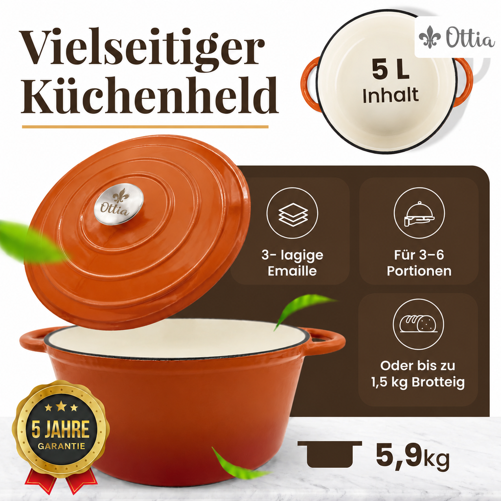 Gusseisen Topf, 26 cm, 5 Liter, mit e-Rezeptbuch. Ofenfest, Deckel mit Knauf und Aromanoppen (Kopie)