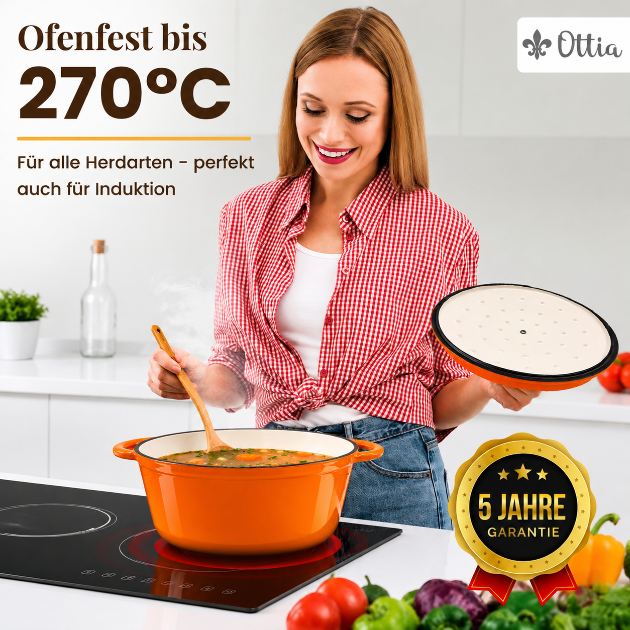 Gusseisen Topf, 26 cm, 5 Liter, mit e-Rezeptbuch. Ofenfest, Deckel mit Knauf und Aromanoppen (Kopie)