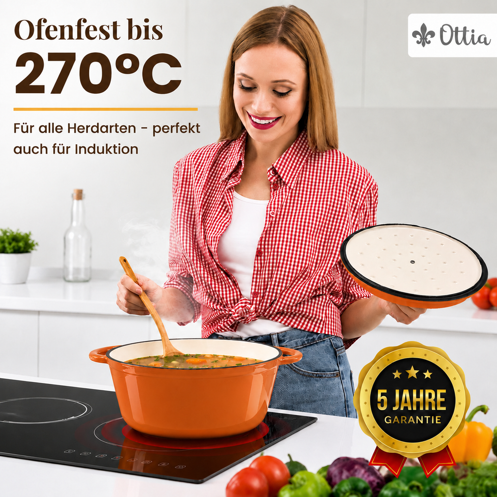 Gusseisen Topf, 26 cm, 5 Liter, mit e-Rezeptbuch. Ofenfest, Deckel mit Knauf und Aromanoppen (Kopie)