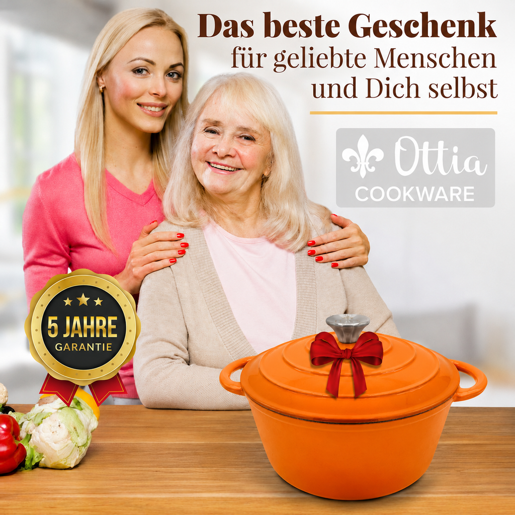 Gusseisen Topf, 26 cm, 5 Liter, mit e-Rezeptbuch. Ofenfest, Deckel mit Knauf und Aromanoppen (Kopie)