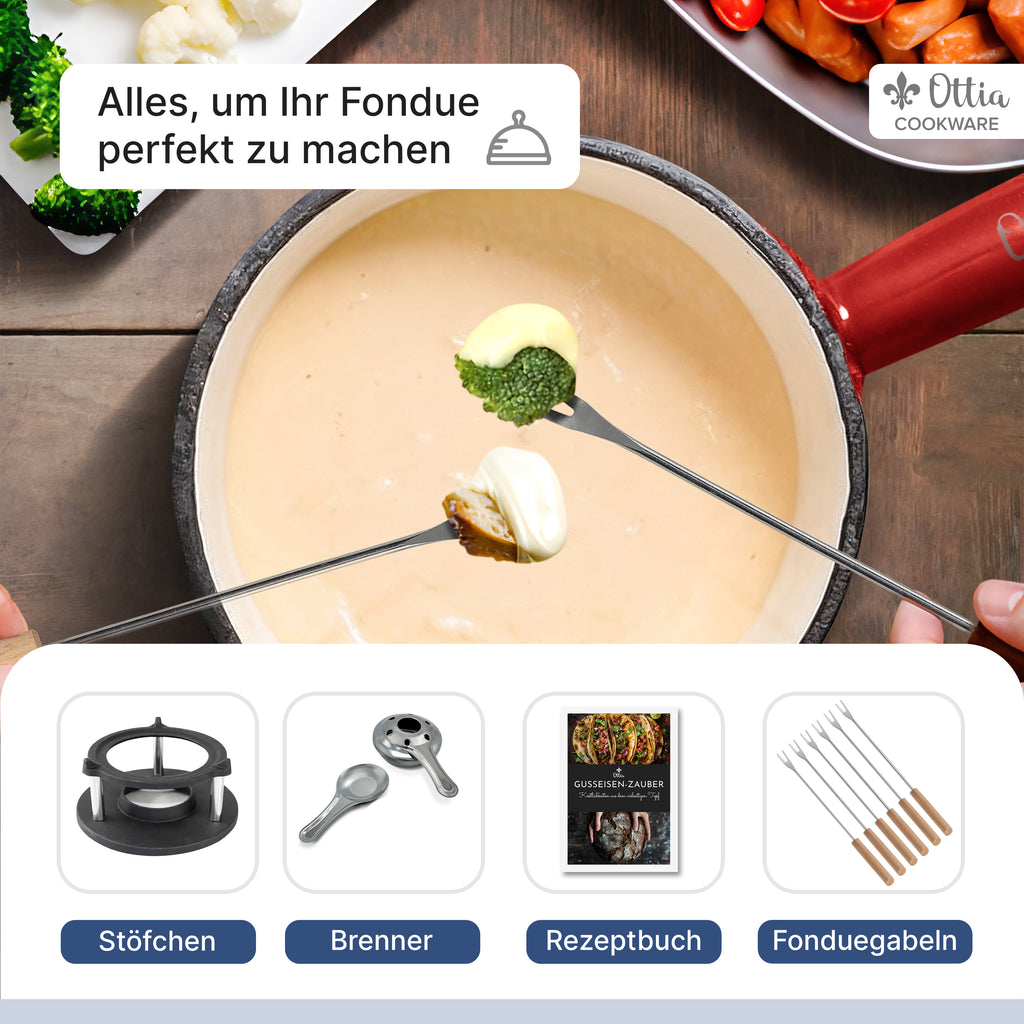 Gusseisen Fondue Set für 2-6 Personen, 3-lagige Emaille, Schadstofffrei, 10-teilig