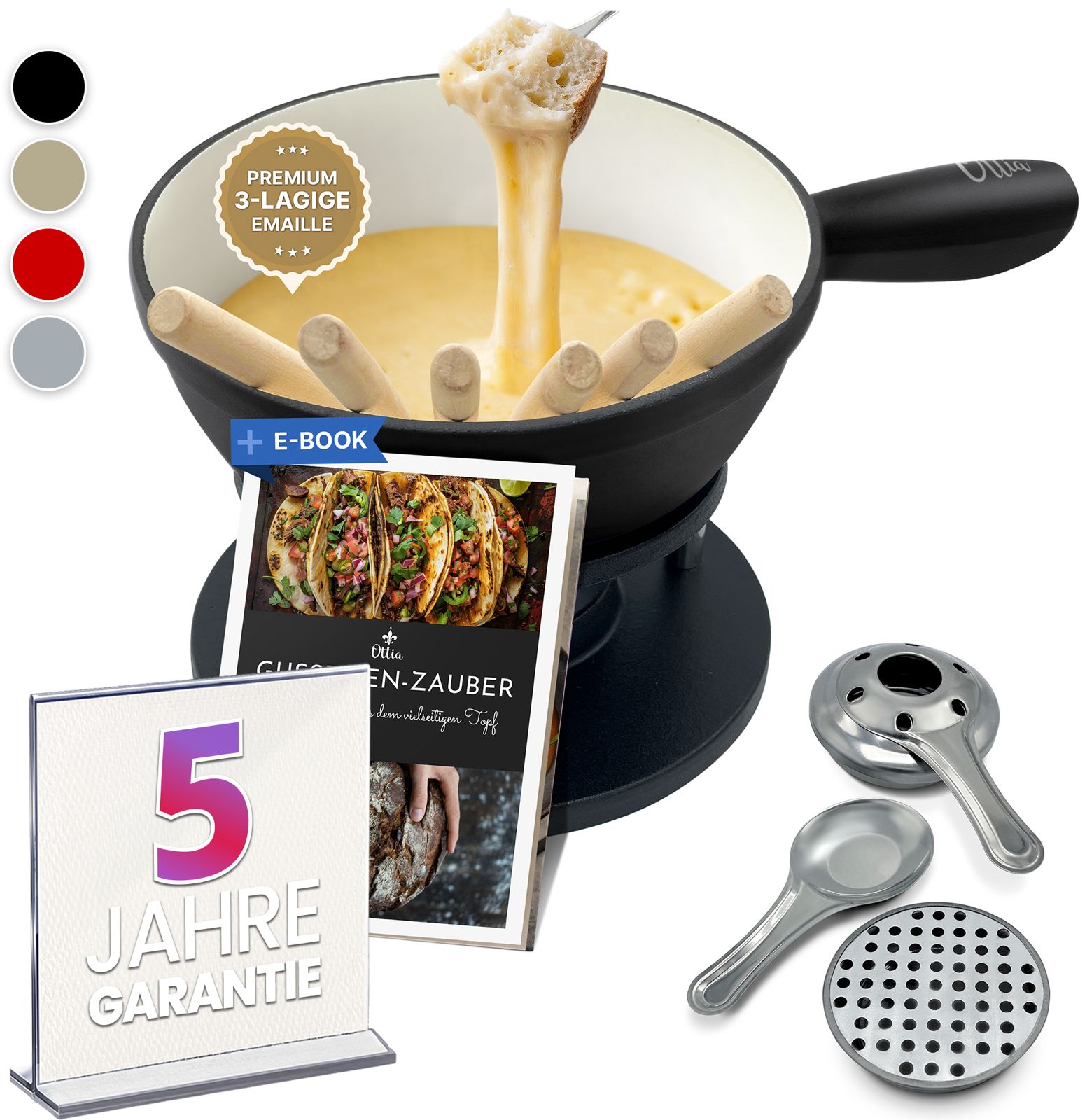 Gusseisen Fondue Set für 2-6 Personen, 3-lagige Emaille, Schadstofffrei, 10-teilig