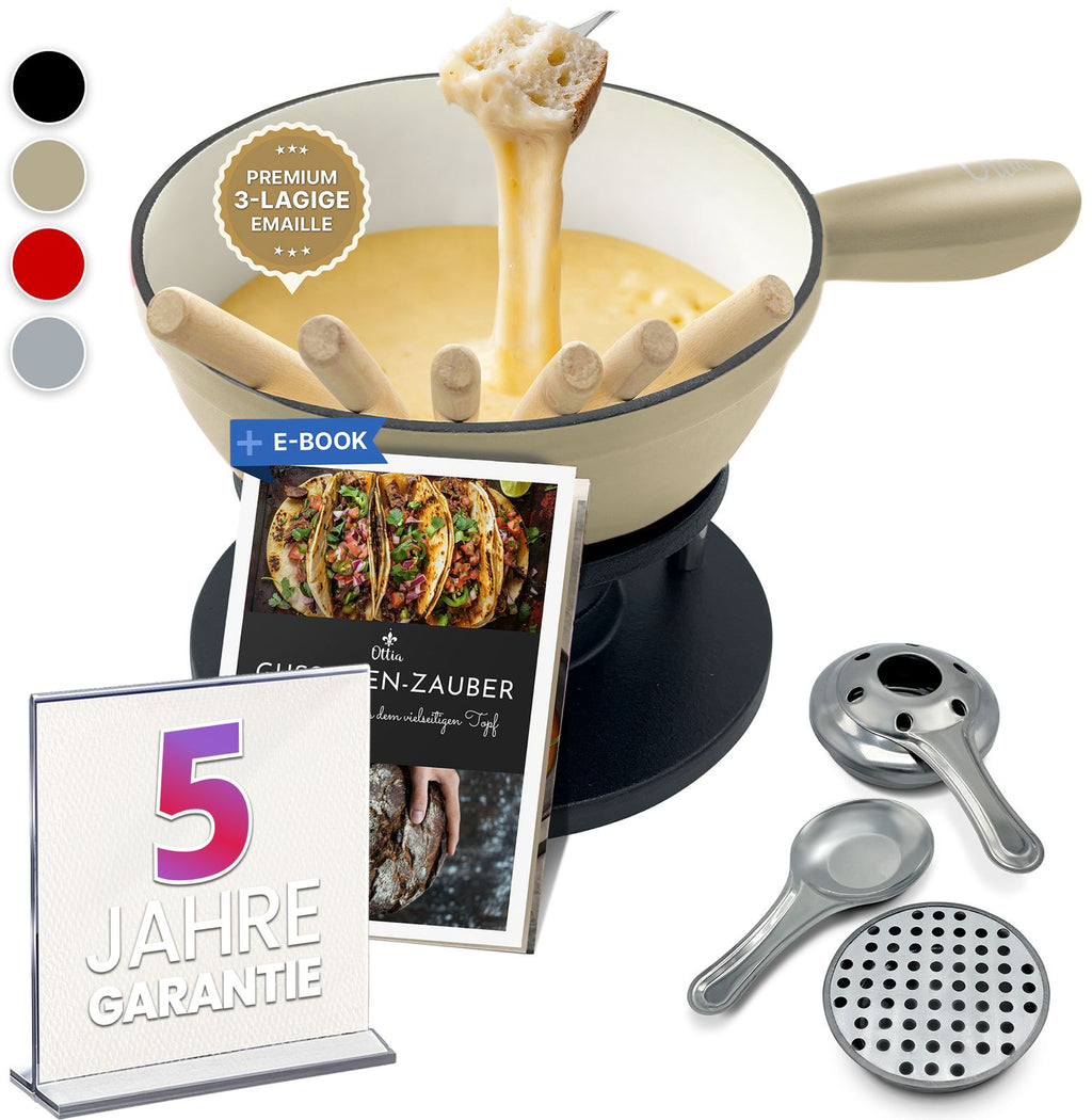 Gusseisen Fondue Set für 2-6 Personen, 3-lagige Emaille, Schadstofffrei, 10-teilig