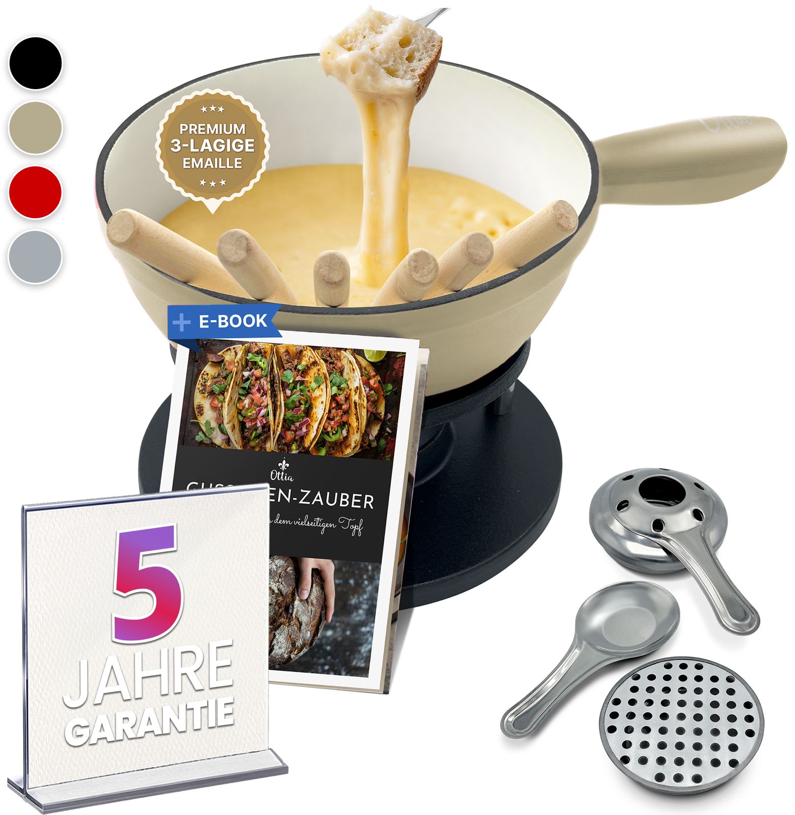 Gusseisen Fondue Set für 2-6 Personen, 3-lagige Emaille, Schadstofffrei, 10-teilig