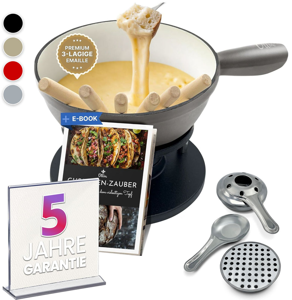Gusseisen Fondue Set für 2-6 Personen, 3-lagige Emaille, Schadstofffrei, 10-teilig