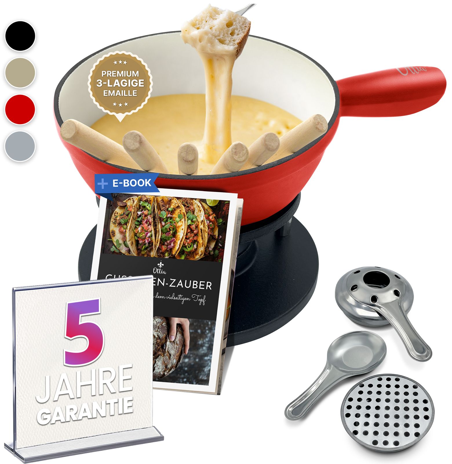 Gusseisen Fondue Set für 2-6 Personen, 3-lagige Emaille, Schadstofffrei, 10-teilig
