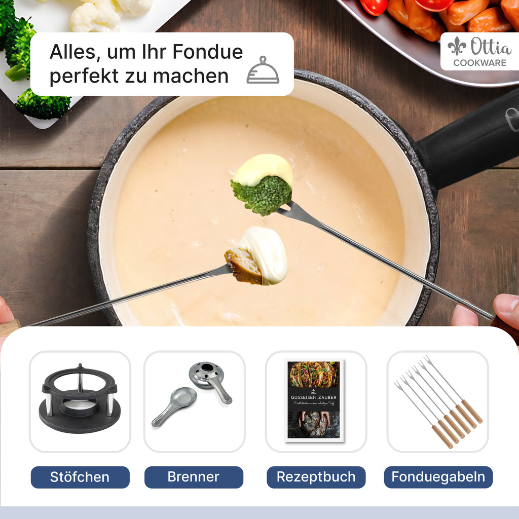 Gusseisen Fondue Set für 2-6 Personen, 3-lagige Emaille, Schadstofffrei, 10-teilig