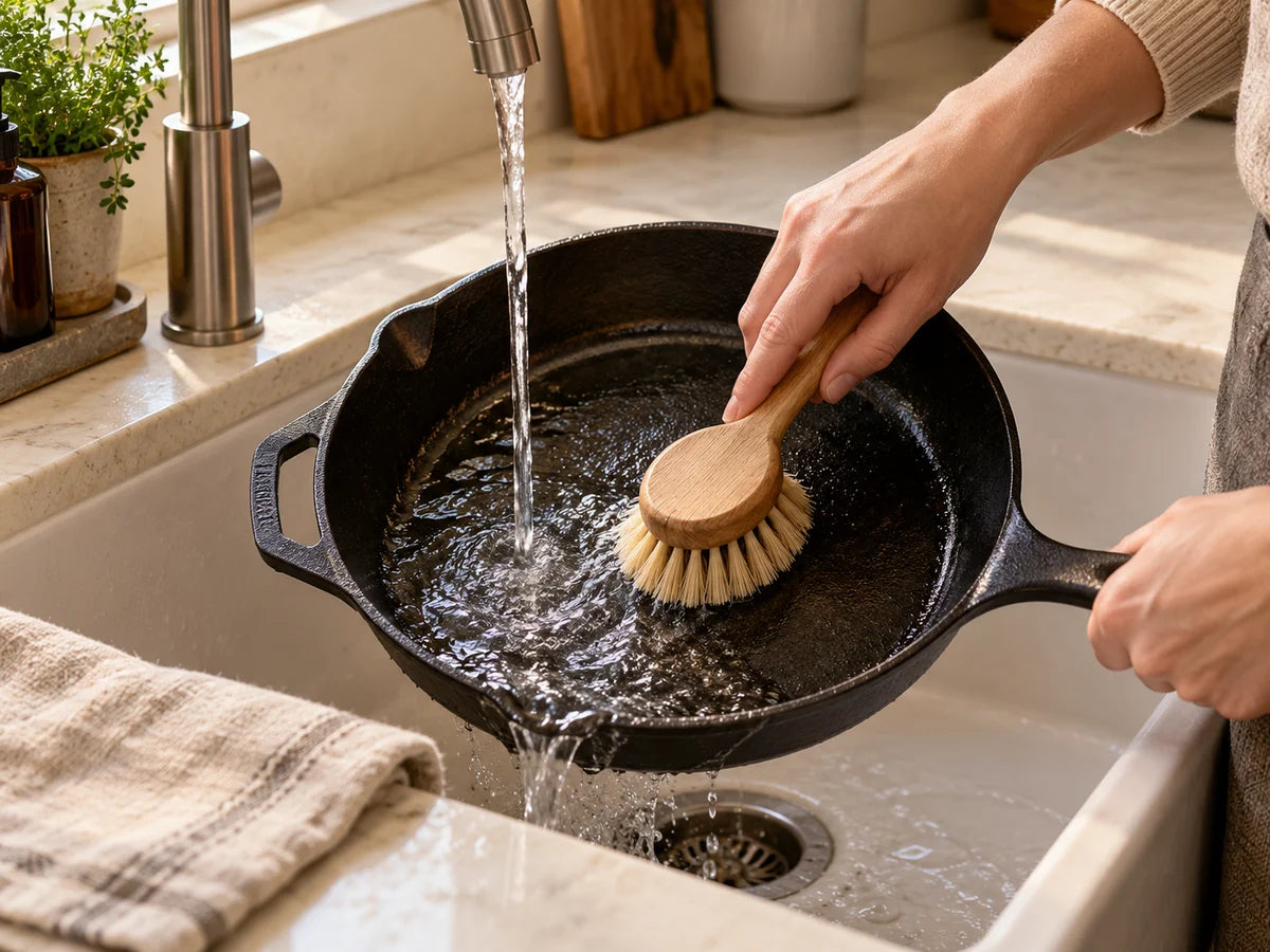 Eine reine Gusseisenpfanne wird mit Wasser und einer Holzbürste gereinigt